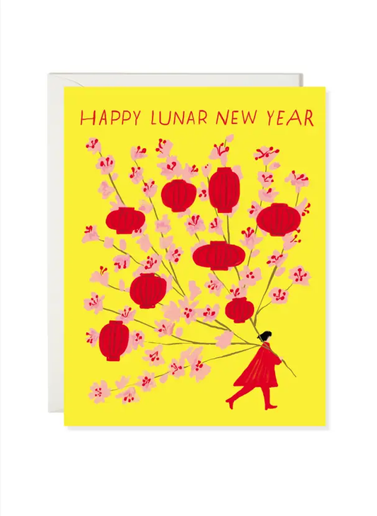 Illustrated Lunar New Year greeting card featuring red lanterns and cherry blossoms on a bright yellow background by Karen Schipper.
