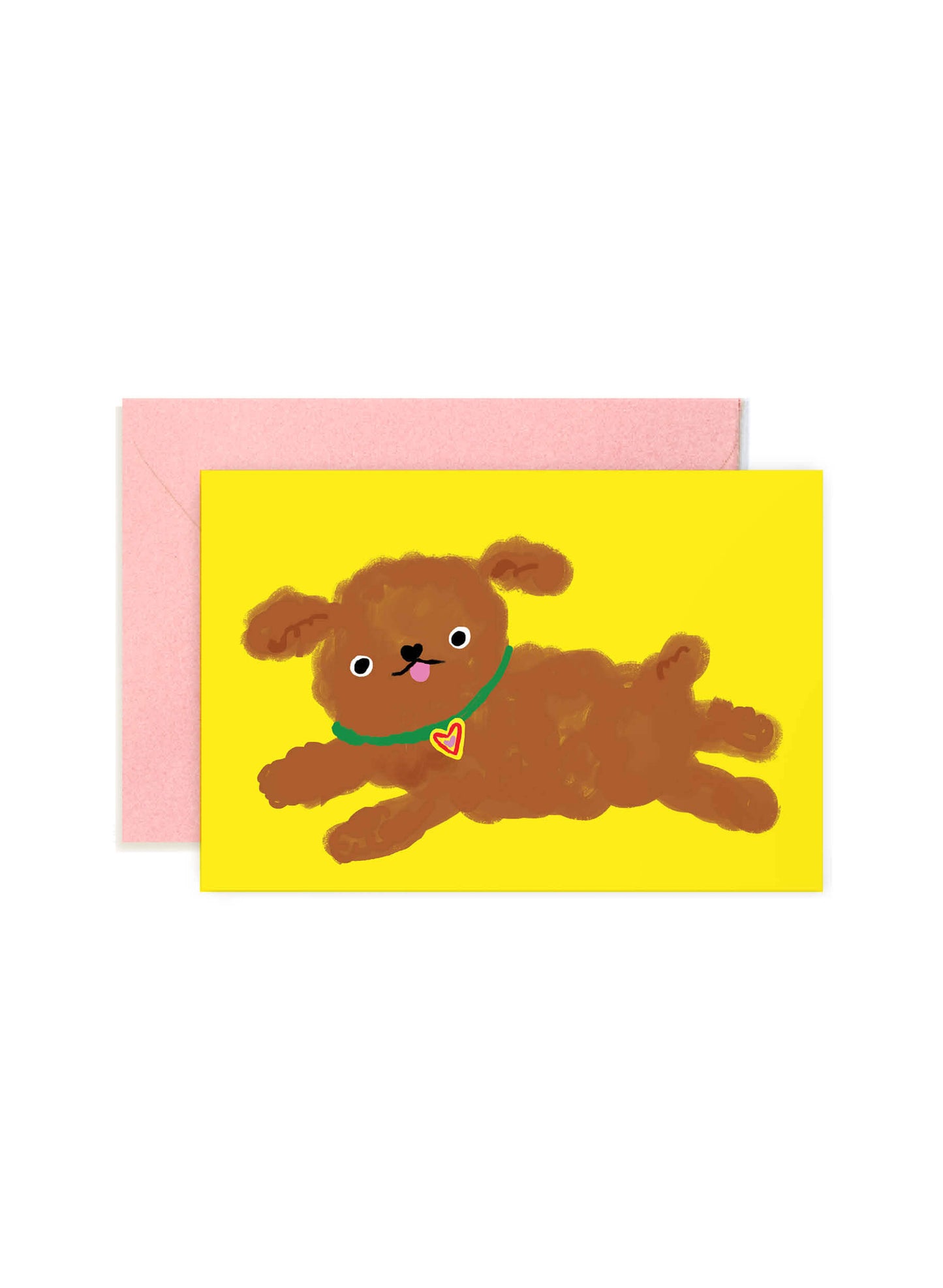Karen Schipper Toy Poodle mini note card featuring a fluffy brown poodle with a heart-shaped tag on a bright yellow background.