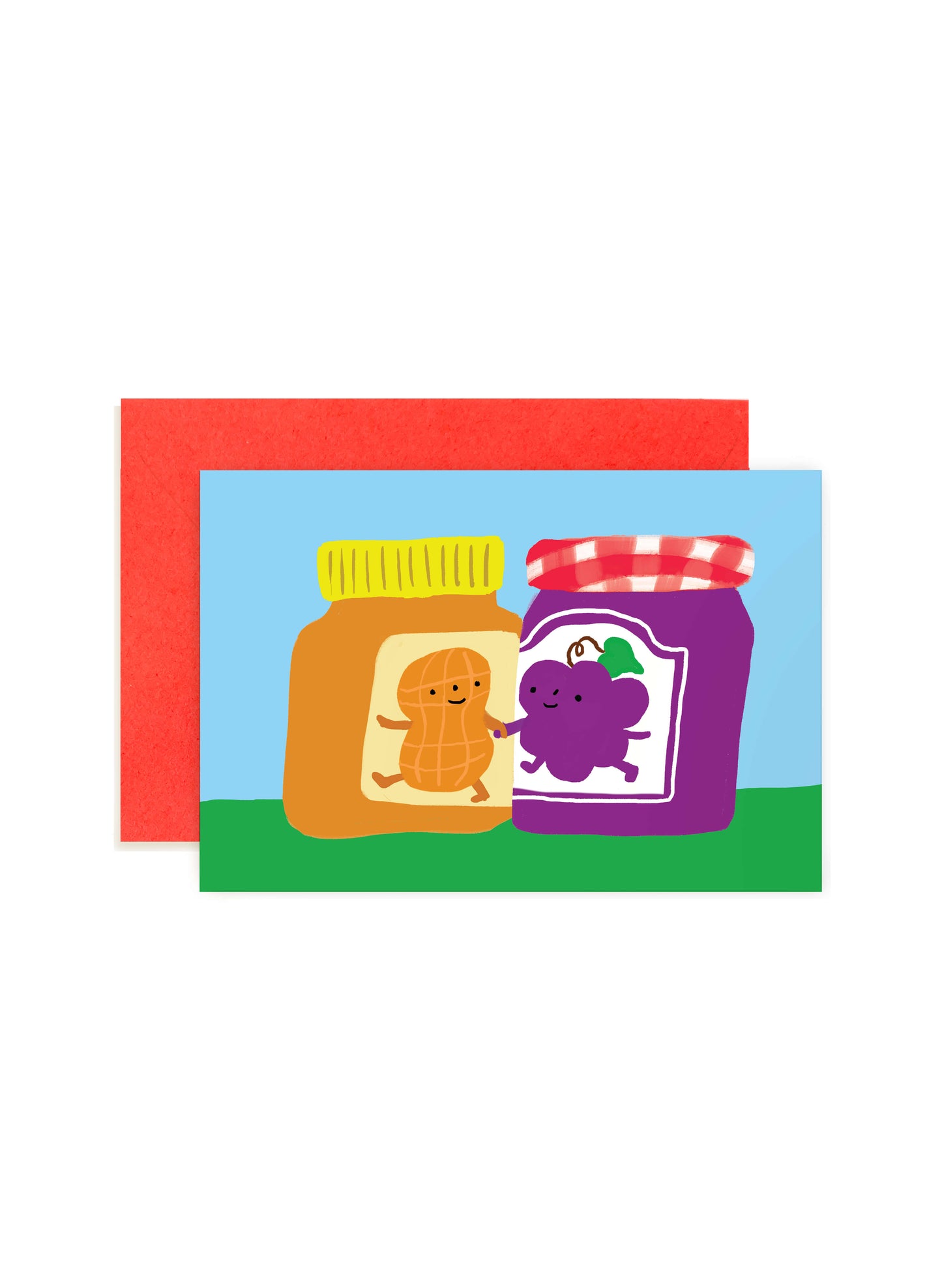 Karen Schipper Peanut Butter Jelly mini note card featuring smiling peanut butter and jelly jars on a bright blue background with a red envelope behind it.