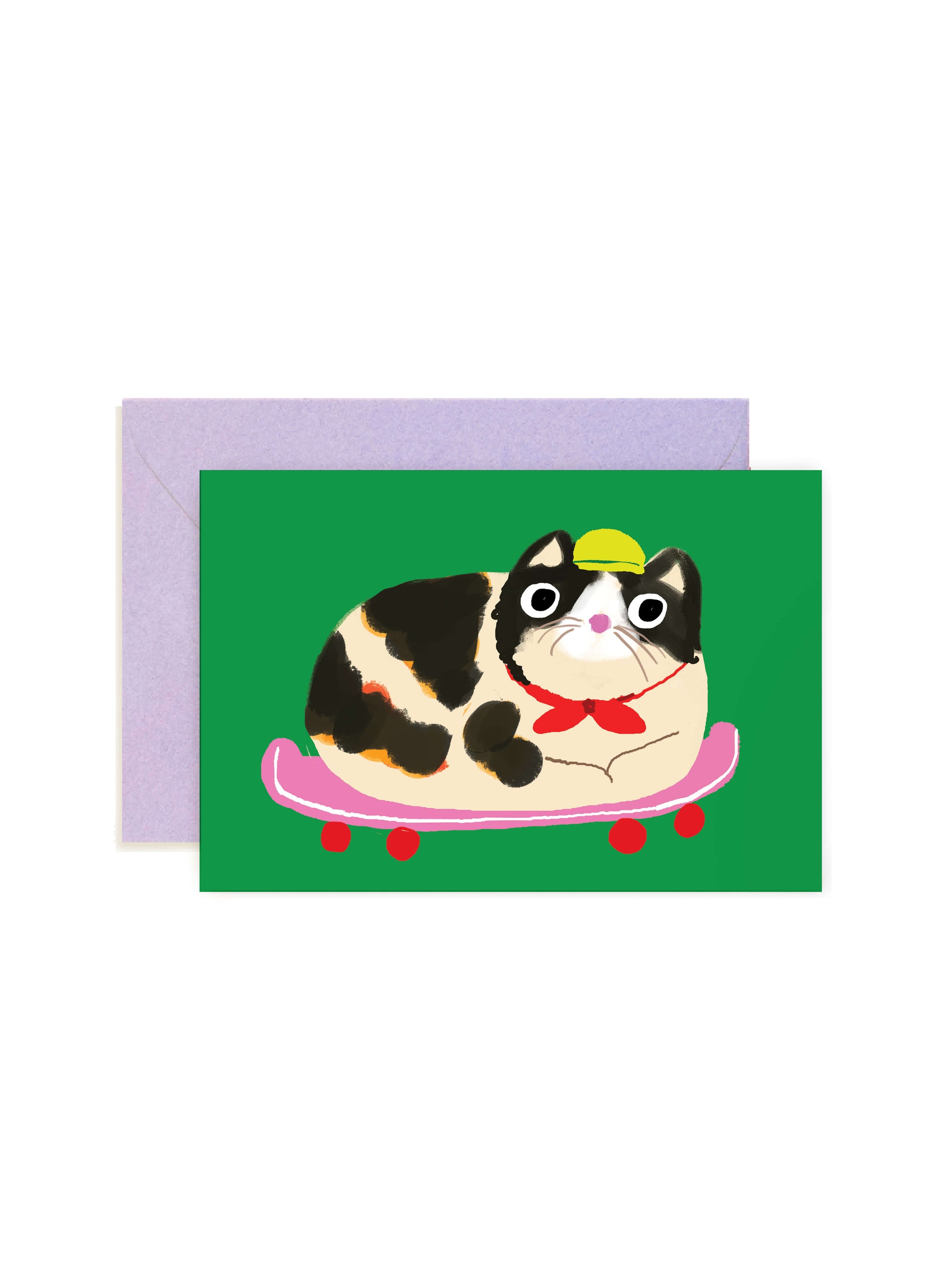 Karen Schipper Cat Loaf Skateboard mini note card featuring a chunky calico cat on a pink skateboard wearing a tiny yellow helmet and red scarf on a green background.