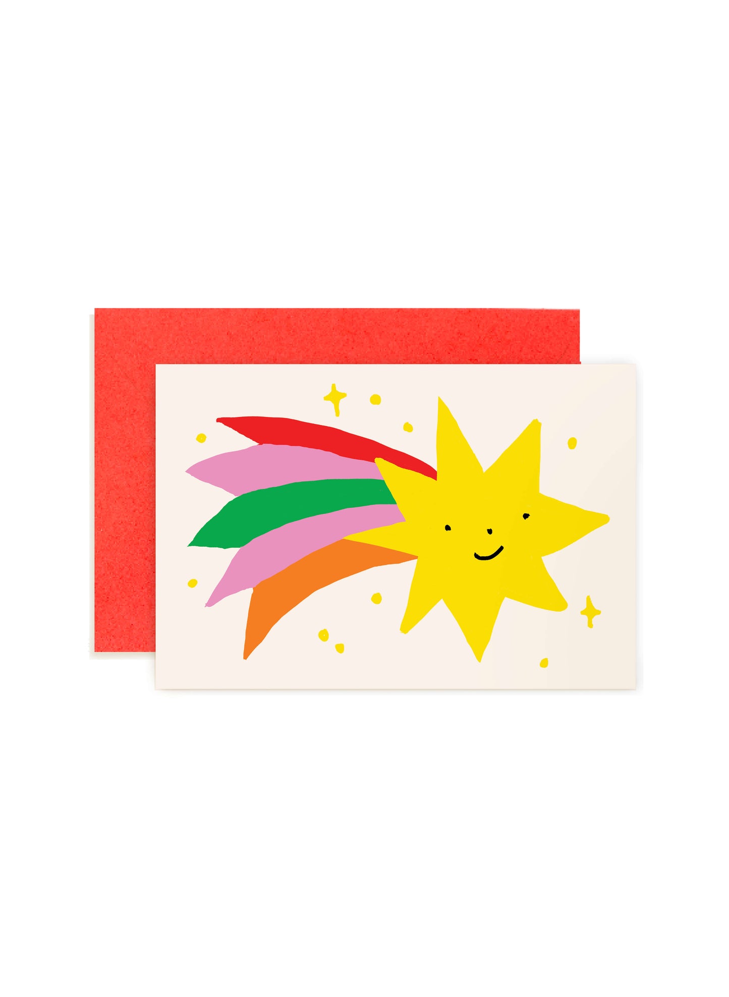 Karen Schipper Shooting Star mini note card featuring a smiling yellow star with a colorful rainbow trail on a cream background.