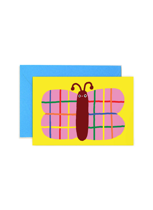 Karen Schipper Butterfly mini note card featuring a colorful butterfly with pink plaid wings on a bright yellow background.