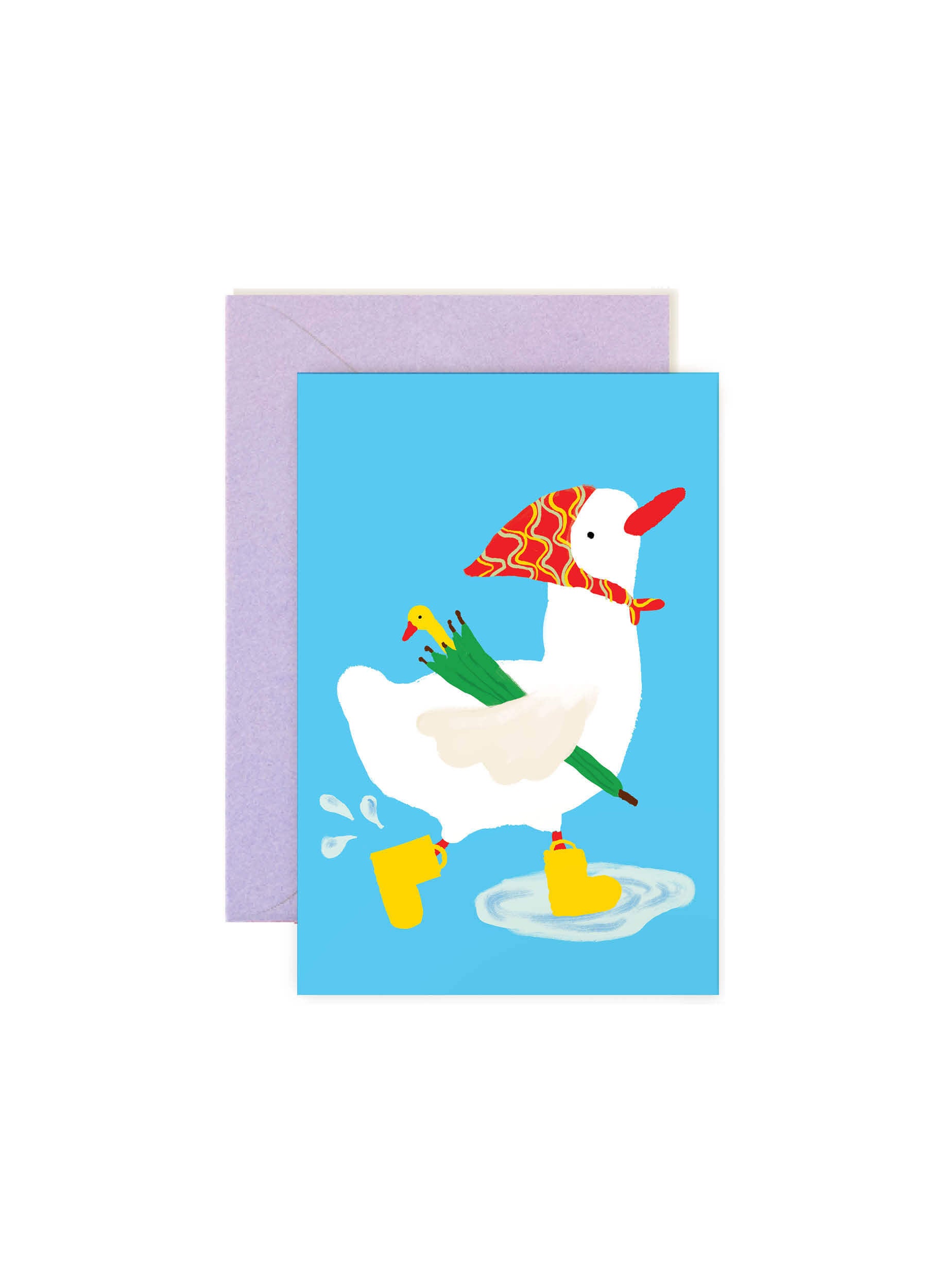 Karen Schipper Rainy Duck mini note card featuring a white duck in yellow rain boots and a patterned scarf holding flowers on a blue background.