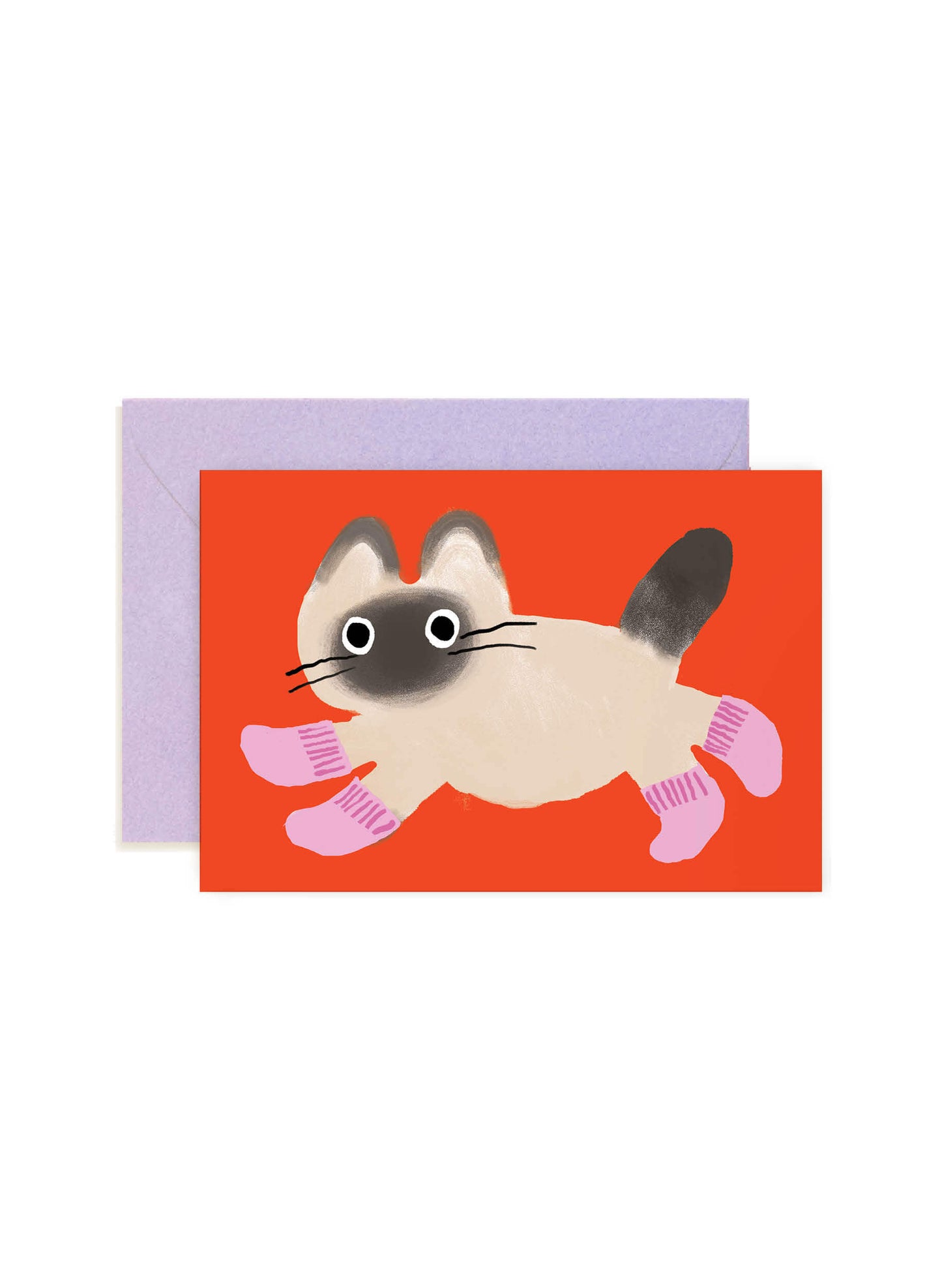 Karen Schipper Cat Socks mini note card featuring a wide-eyed cat wearing pink socks on a bold red-orange background.