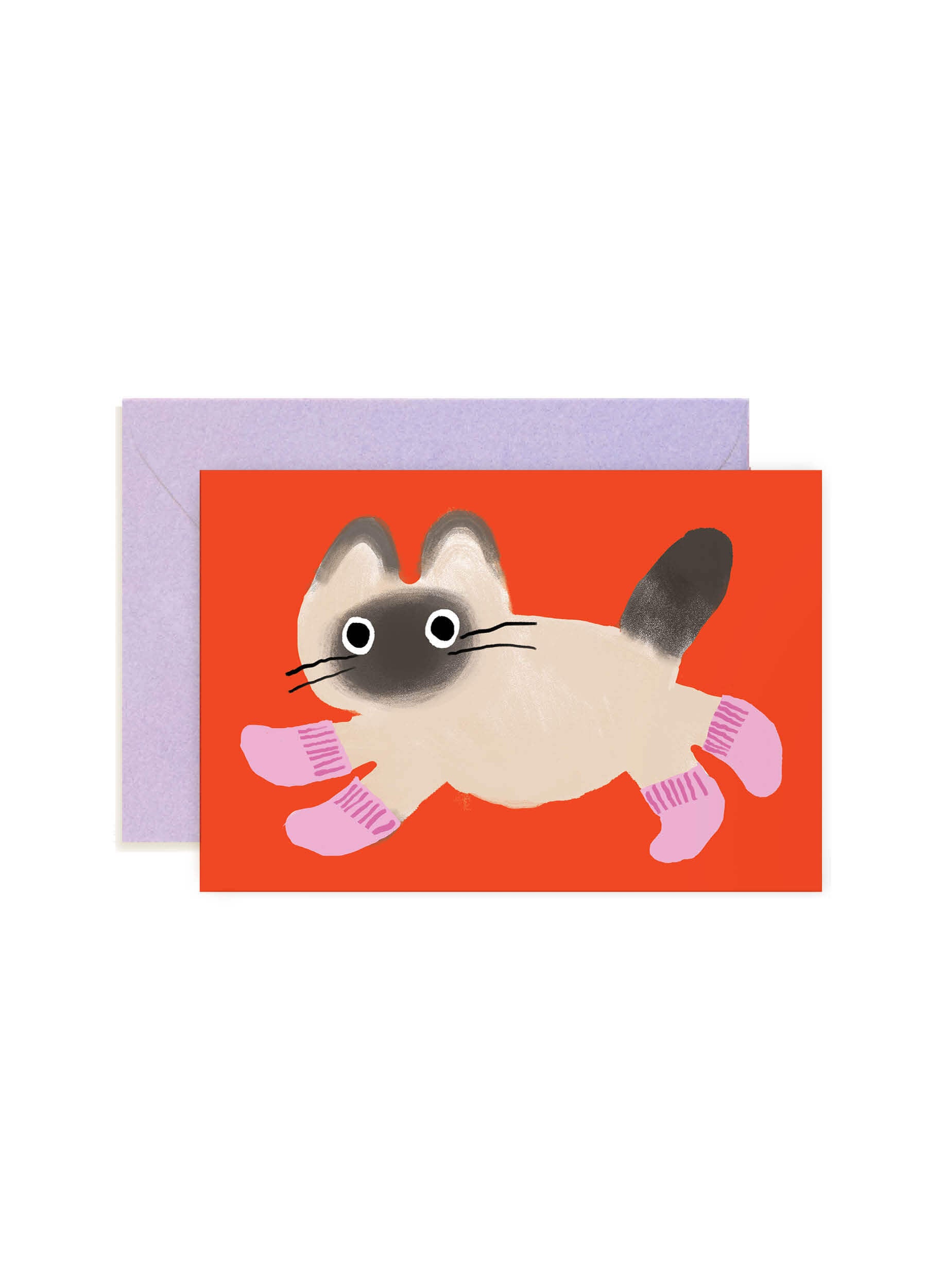 Karen Schipper Cat Socks mini note card featuring a wide-eyed cat wearing pink socks on a bold red-orange background.
