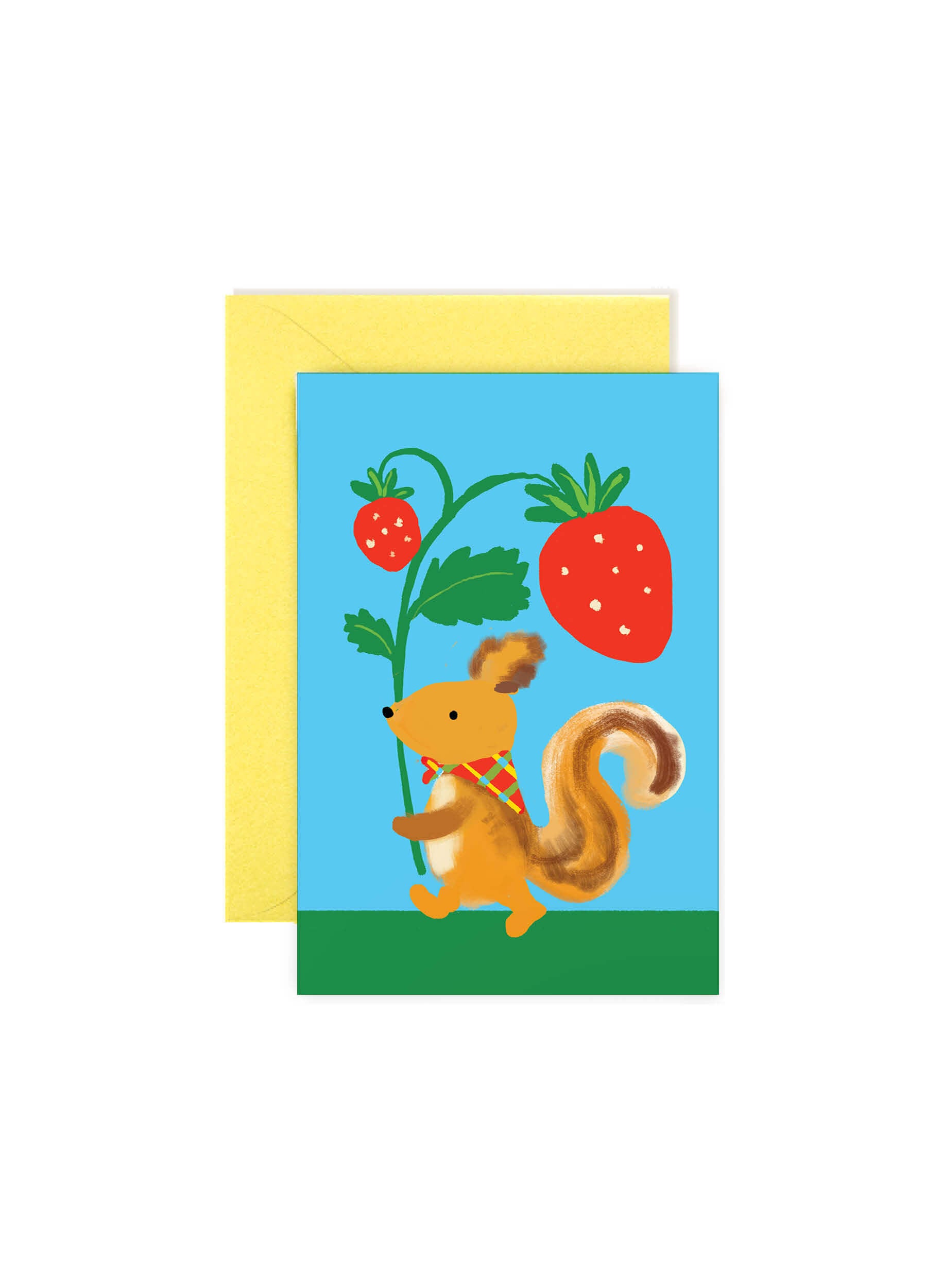 Karen Schipper Squirrel Strawberry mini note card featuring a squirrel in a plaid scarf holding a large strawberry on a bright blue background.