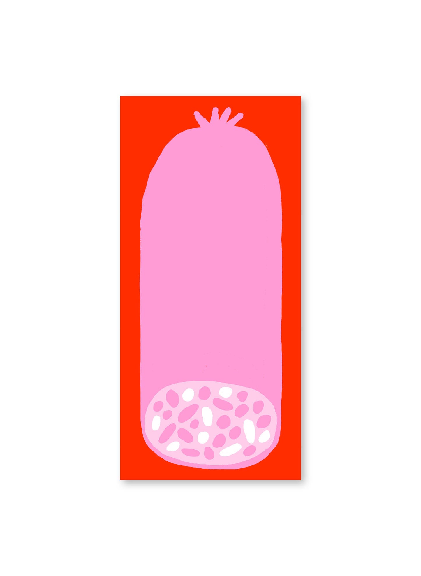 Salami Market List Pad by Karen Schipper featuring a pink salami illustration on a bright red background, perfect for grocery lists and meal planning for food lovers and stationery shoppers