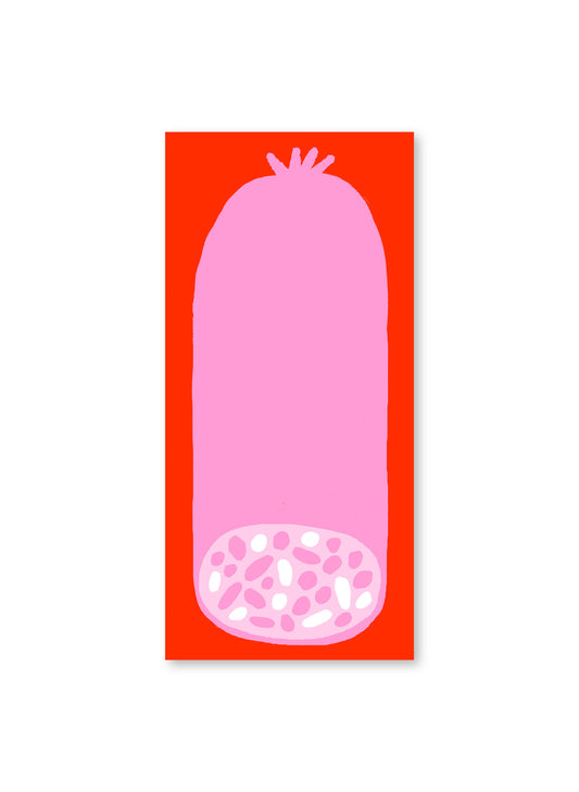 Salami Market List Pad by Karen Schipper featuring a pink salami illustration on a bright red background, perfect for grocery lists and meal planning for food lovers and stationery shoppers