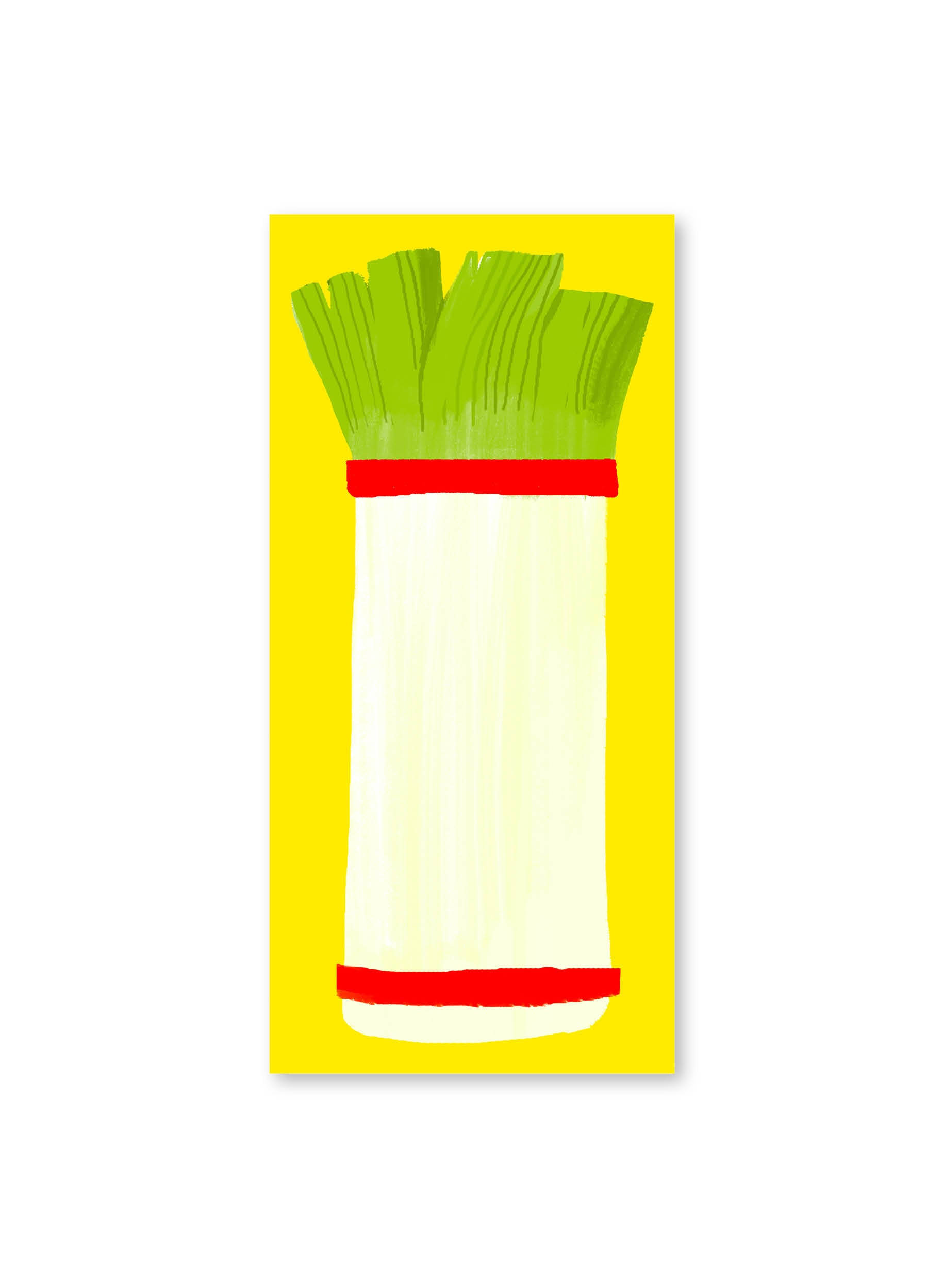 Leek Market List by Karen Schipper featuring a tall illustrated leek with green leaves, red bands, and a bright yellow background.