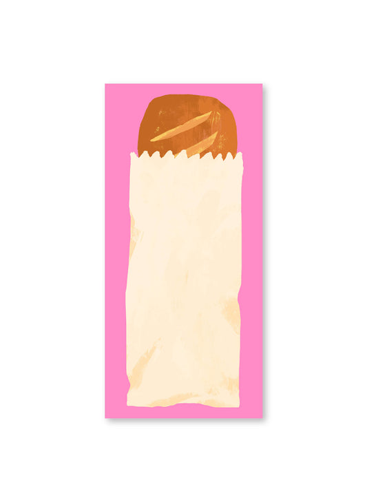 Bread Market List by Karen Schipper featuring a baguette in a paper bag on a bright pink background, perfect for grocery lists and meal planning for food lovers, home bakers, and stationery shoppers