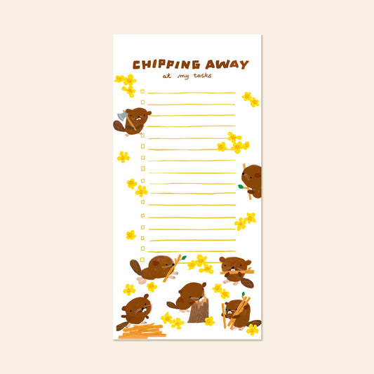 Beaver List Pad by Karen Schipper featuring playful beavers and yellow blossoms on a magnetic tear-off notepad, perfect for fridge notes and daily to-dos for animal lovers and stationery fans