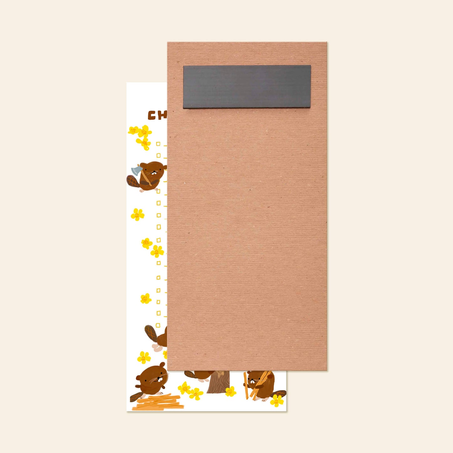 Beaver List Pad by Karen Schipper with illustrated beavers, yellow flowers, and a magnetic backing, great for grocery lists and reminders for nature lovers and cute stationery shoppers