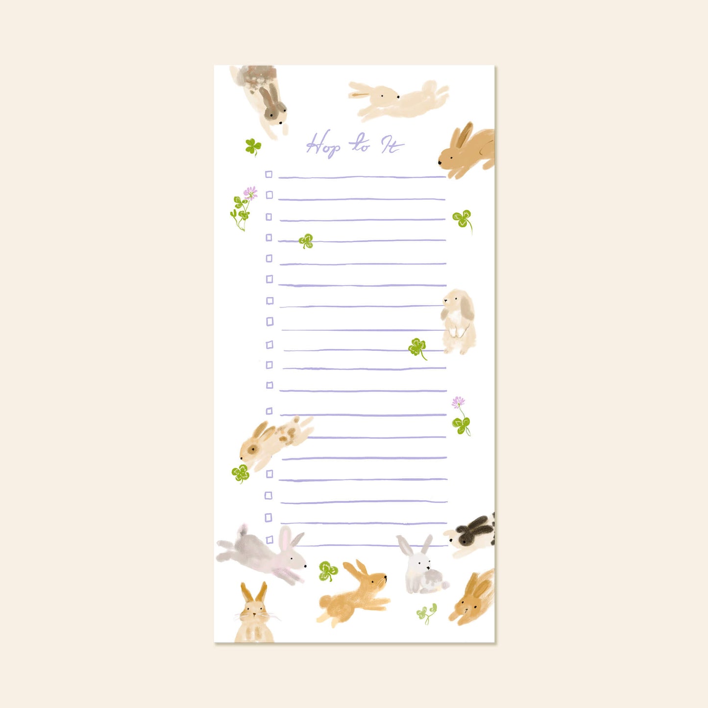 Hop to It Bunny List Pad by Karen Schipper featuring watercolor rabbits and clovers on a magnetic tear-off notepad, perfect for fridge notes and daily to-dos for rabbit lovers and stationery fans