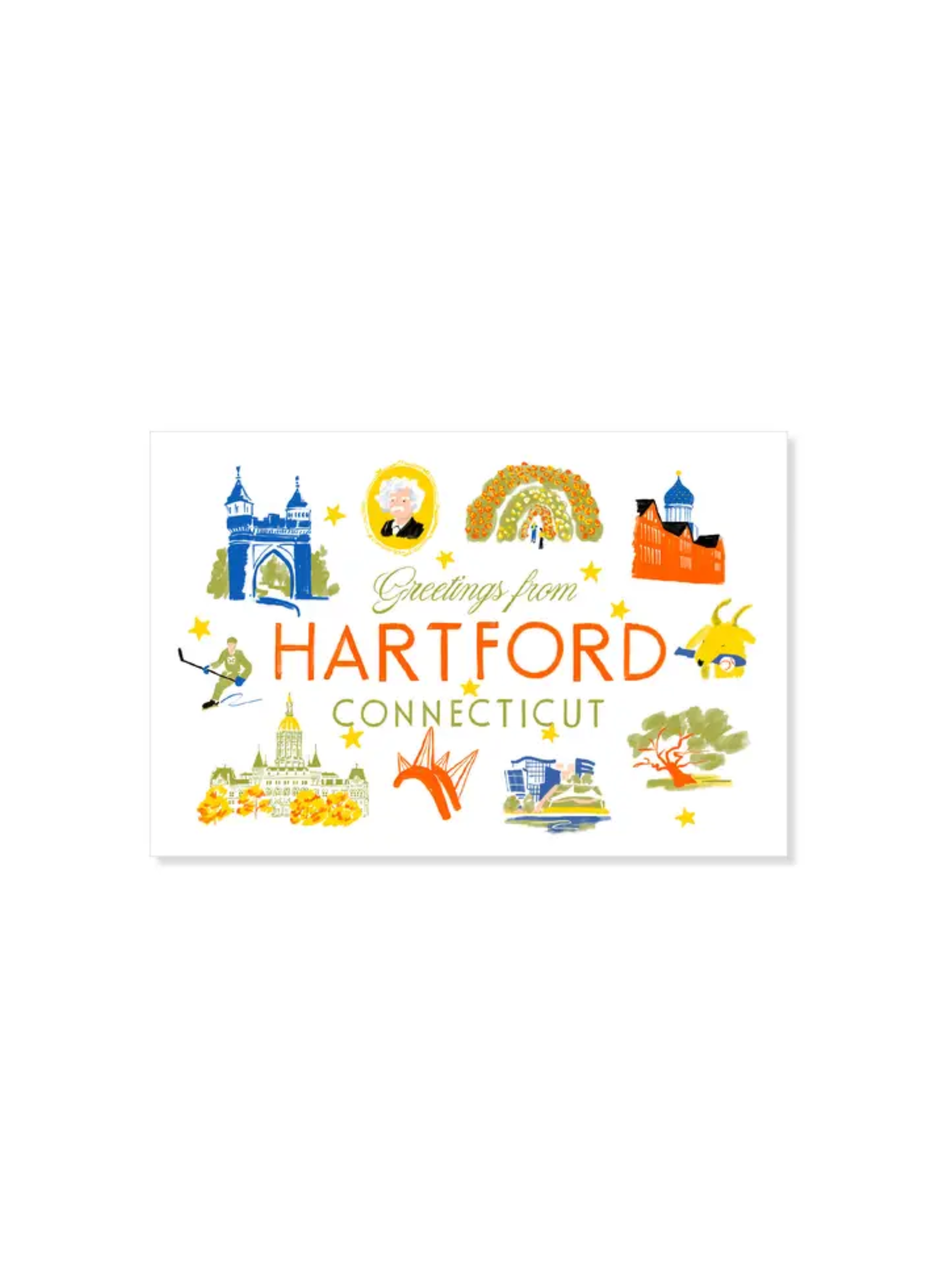 Illustrated Greetings from Hartford postcard by Karen Schipper featuring colorful Connecticut landmarks, city icons, stars, and orange Hartford lettering.