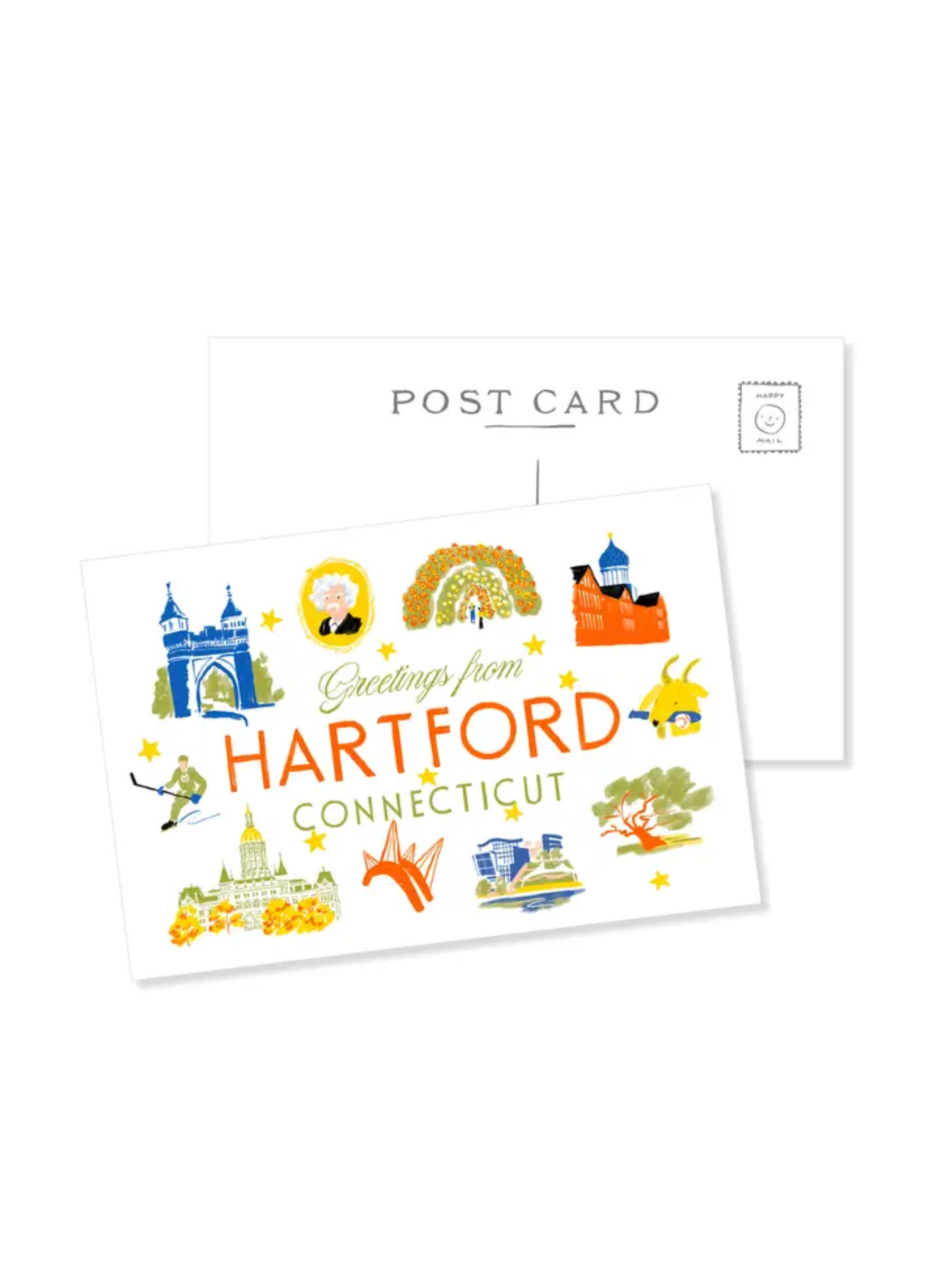 Front and back view of the Greetings from Hartford postcard by Karen Schipper, showing illustrated Connecticut landmarks on the front and postcard mailing layout on the back.