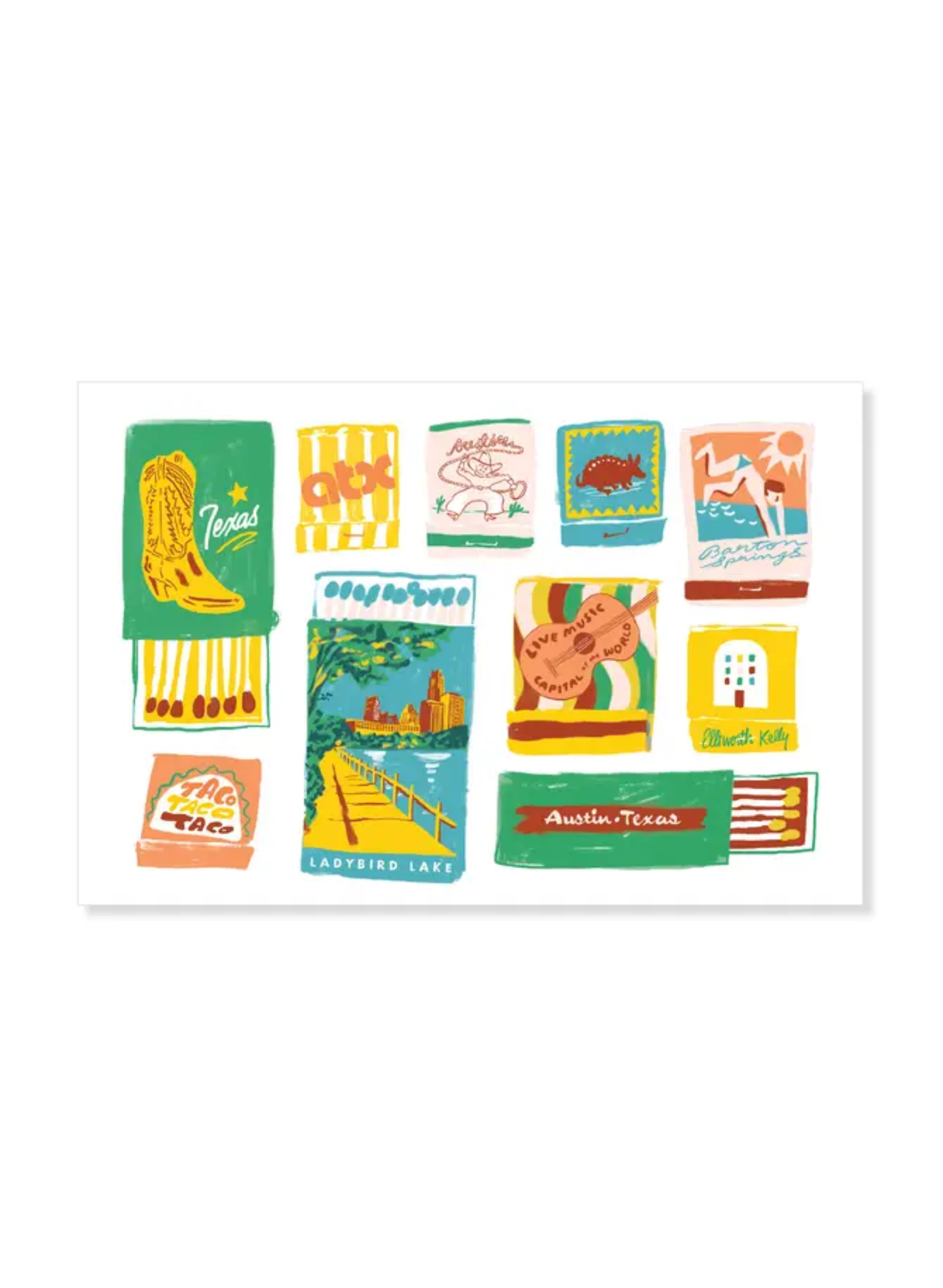 Austin Matchbook Postcard by Karen Schipper featuring colorful illustrated matchbook-style Texas icons, Lady Bird Lake, local food, music, and city artwork.