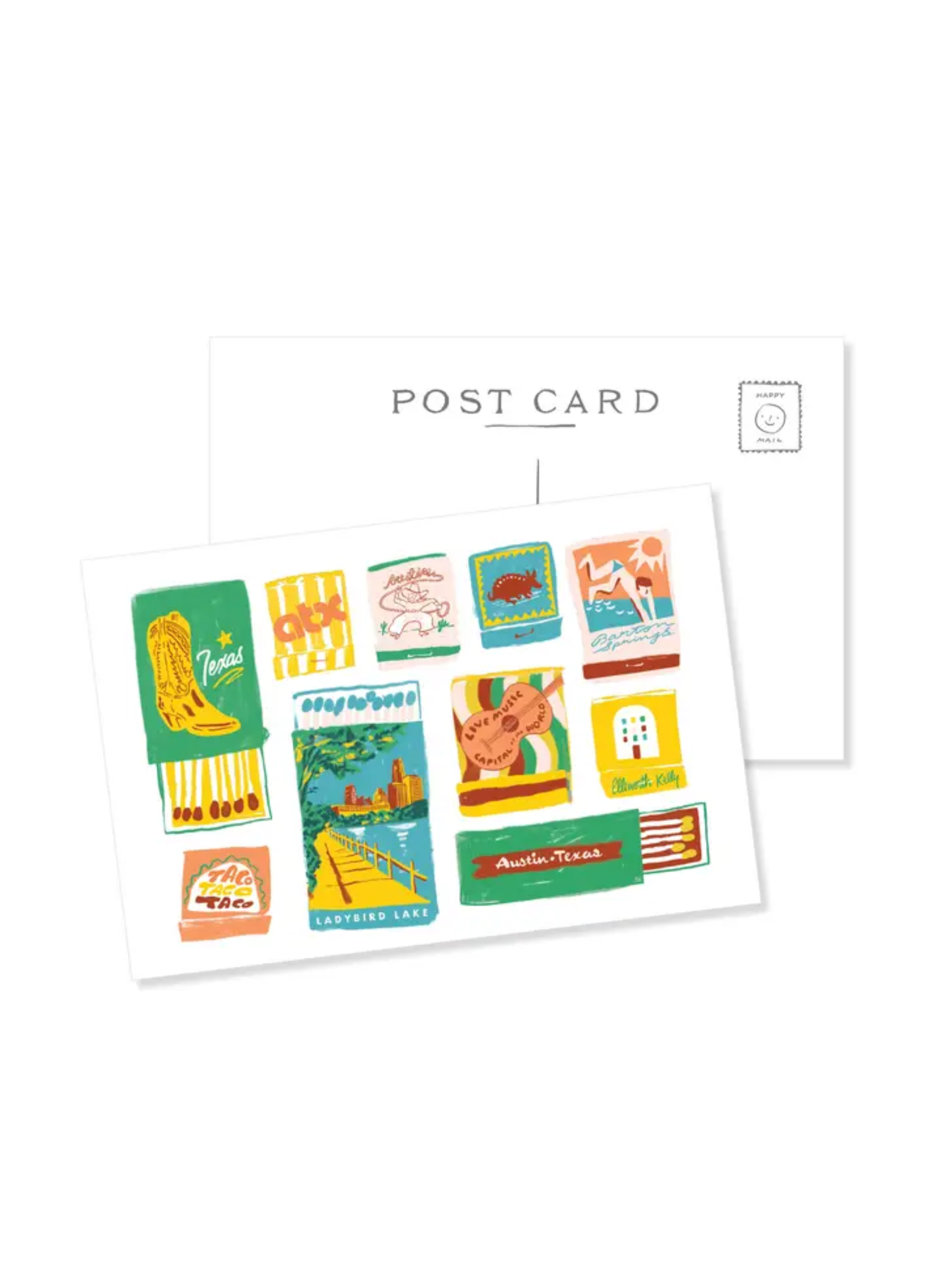 Front and back view of the Austin Matchbook Postcard by Karen Schipper, showing illustrated Texas matchbook artwork on the front and postcard mailing layout on the back.