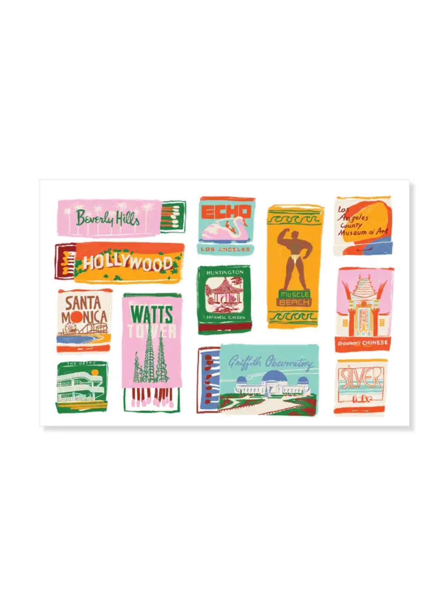 Los Angeles Matchbook Postcard by Karen Schipper featuring colorful illustrated California matchbook-style icons, Hollywood, Santa Monica, Griffith Observatory, and LA landmarks.