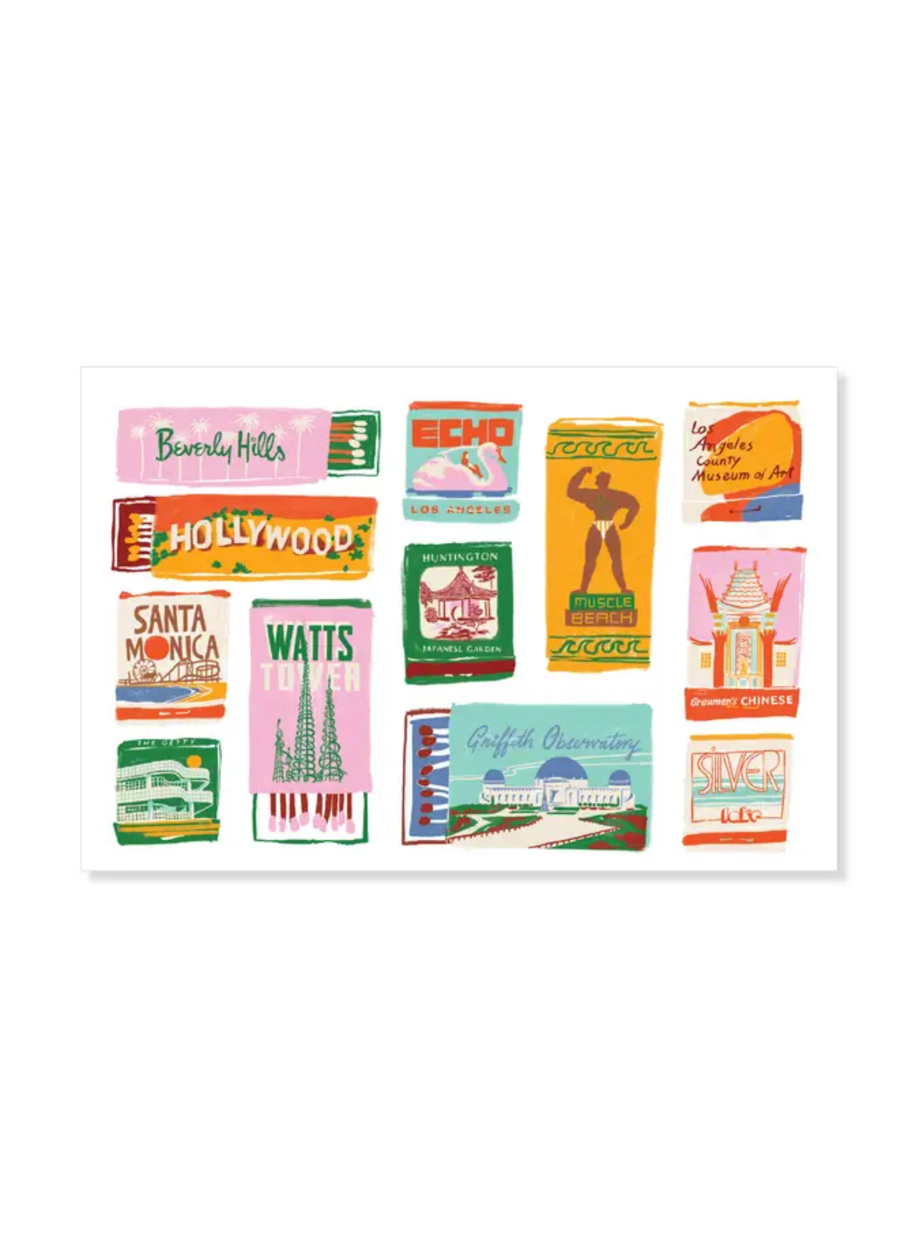 Los Angeles Matchbook Postcard by Karen Schipper featuring colorful illustrated California matchbook-style icons, Hollywood, Santa Monica, Griffith Observatory, and LA landmarks.