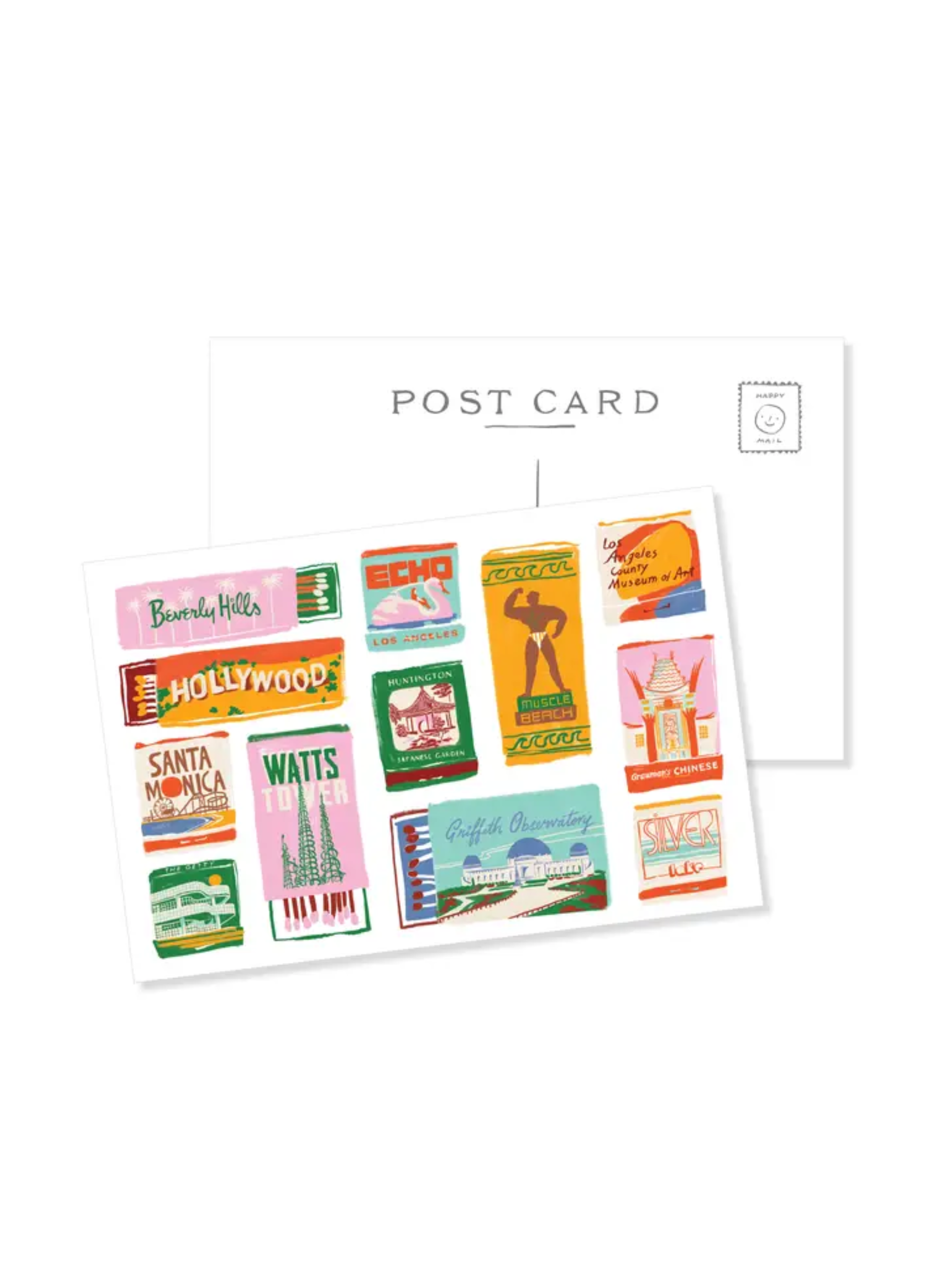 Front and back view of the Los Angeles Matchbook Postcard by Karen Schipper, showing illustrated California matchbook artwork on the front and postcard mailing layout on the back.