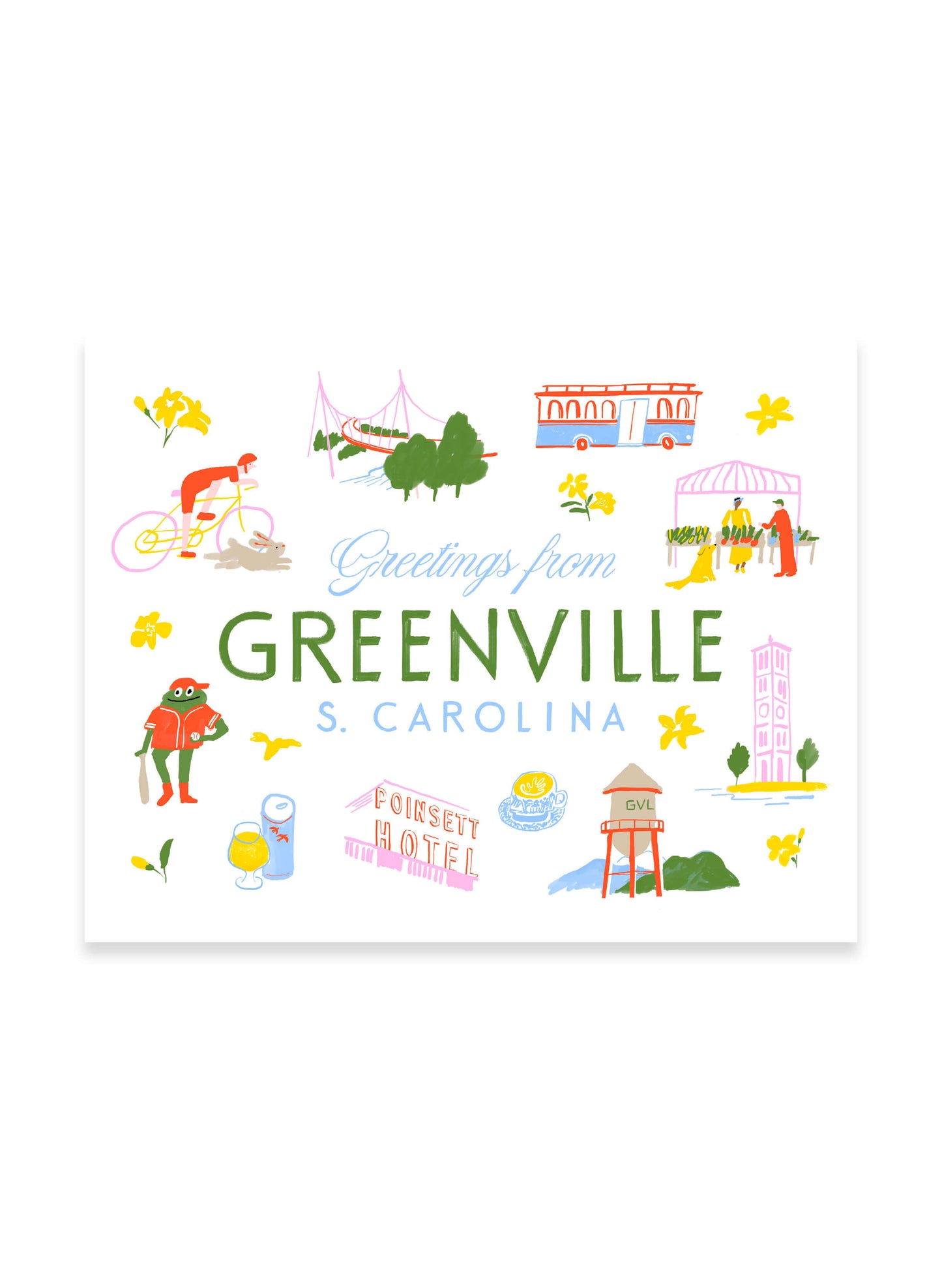 Framed Greetings from Greenville Art Print by Karen Schipper featuring illustrated South Carolina landmarks, local icons, and Greenville city lettering.