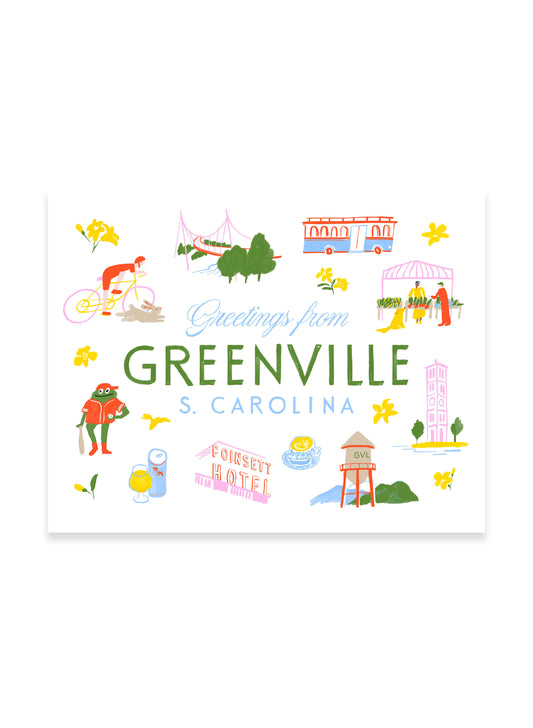 Framed Greetings from Greenville Art Print by Karen Schipper featuring illustrated South Carolina landmarks, local icons, and Greenville city lettering.