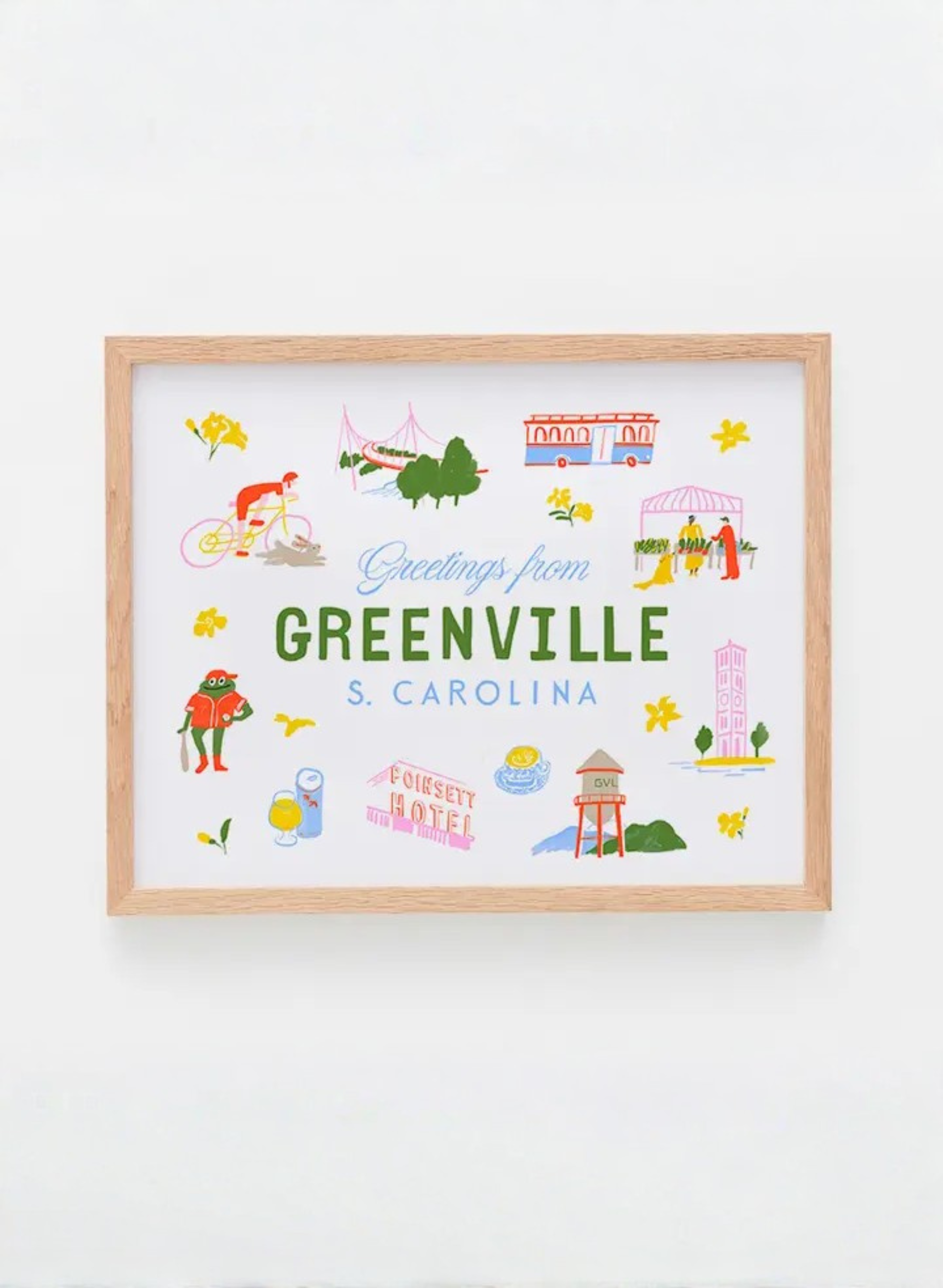 Greetings from Greenville Art Print by Karen Schipper with colorful local landmarks, yellow flowers, and “Greetings from Greenville S. Carolina