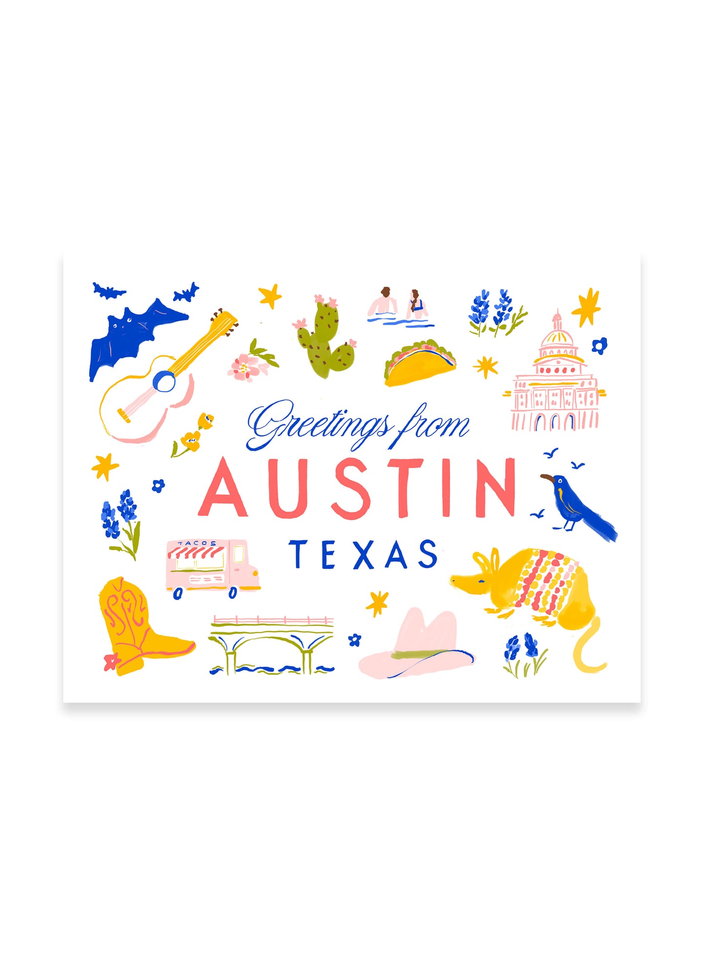 Greetings from Austin Art Print by Karen Schipper with illustrated Texas icons, local landmarks, flowers, and “Greetings from Austin Texas