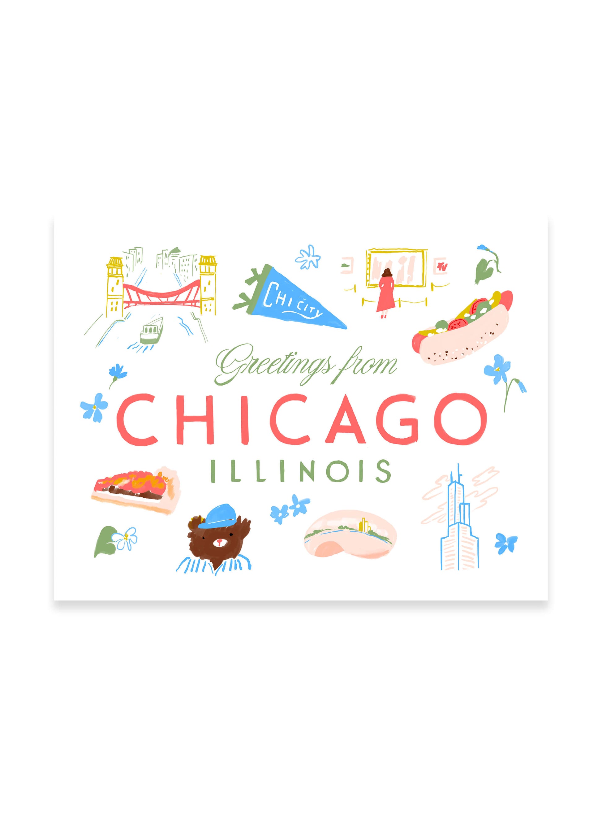 Framed Greetings from Chicago Art Print by Karen Schipper featuring colorful Illinois landmarks, local icons, a Chicago pennant, hot dog, and city lettering.