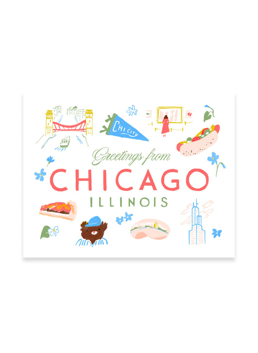 Framed Greetings from Chicago Art Print by Karen Schipper featuring colorful Illinois landmarks, local icons, a Chicago pennant, hot dog, and city lettering.