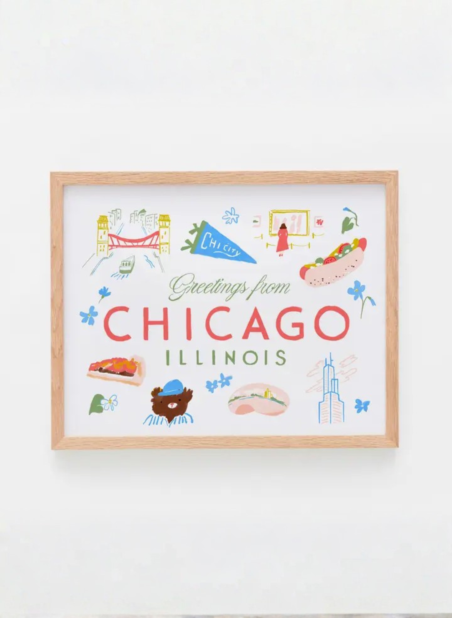 Greetings from Chicago Art Print by Karen Schipper with illustrated Chicago landmarks, local icons, blue flowers, and “Greetings from Chicago Illinois