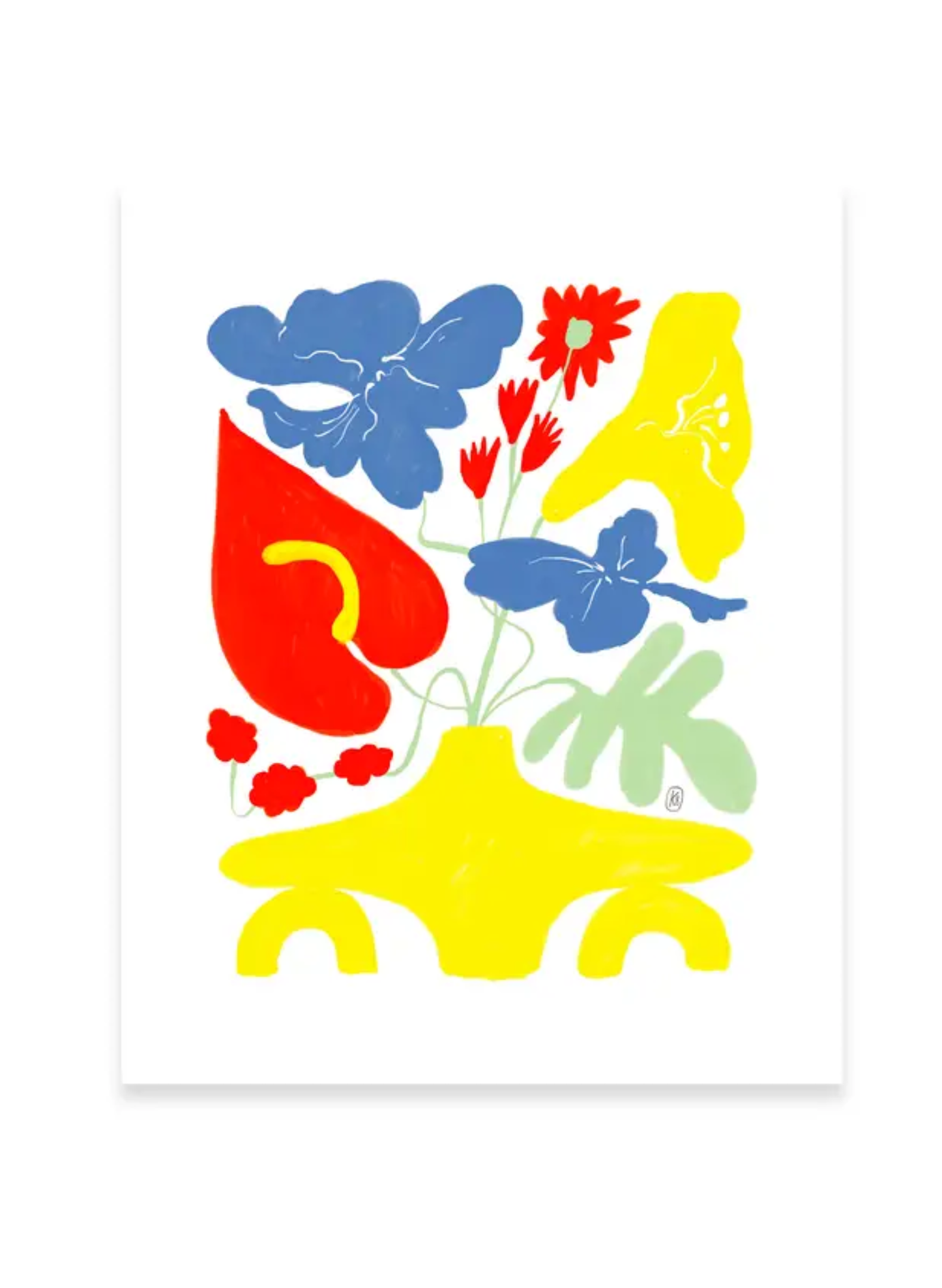 Forsythia Vase Art Print by Karen Schipper featuring a bright yellow vase with bold blue, red, yellow, and soft green floral artwork on a white background.