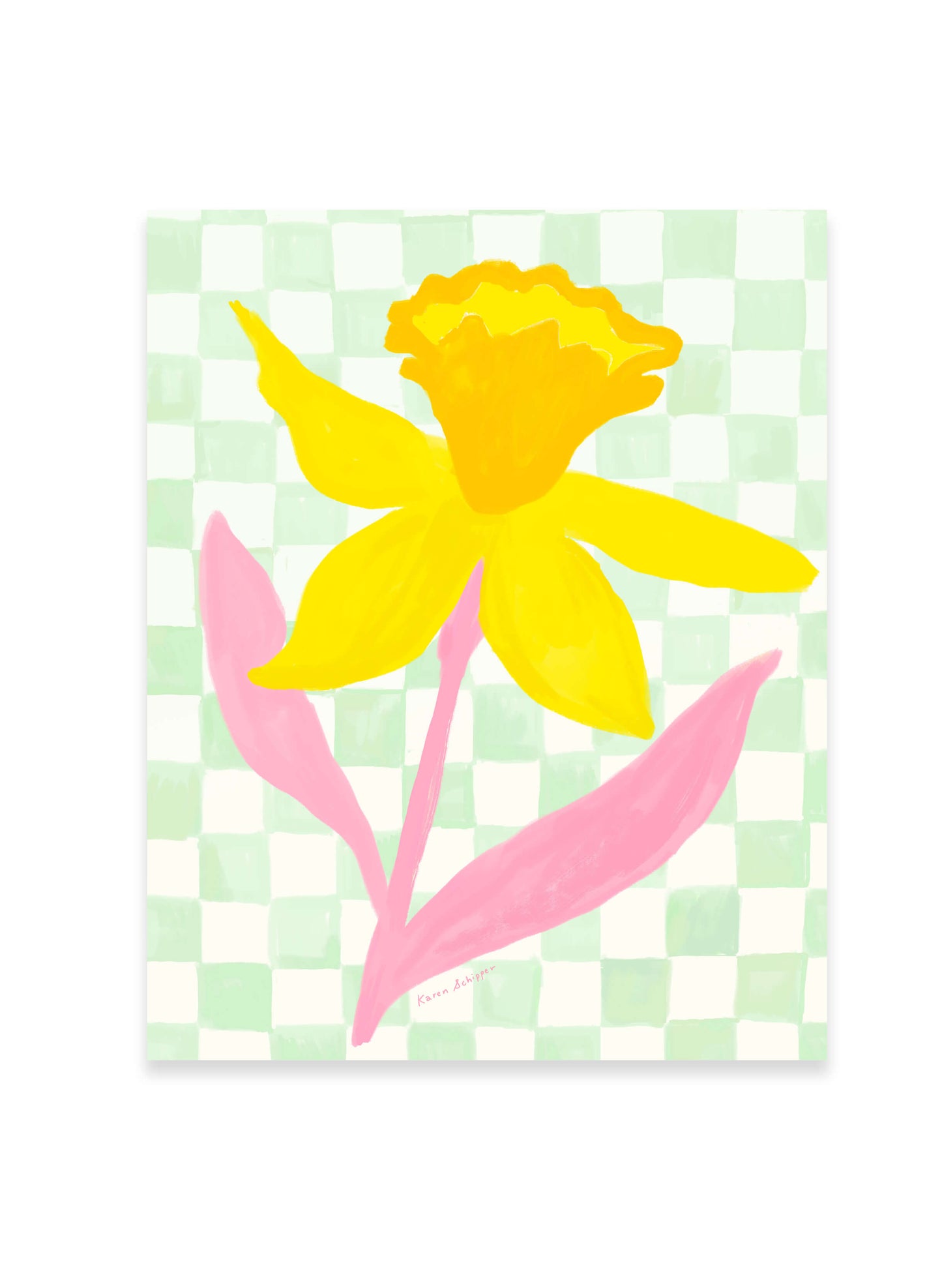 Daffodil Check Art Print by Karen Schipper featuring a bright yellow daffodil with pink stems on a soft green checkerboard background.
