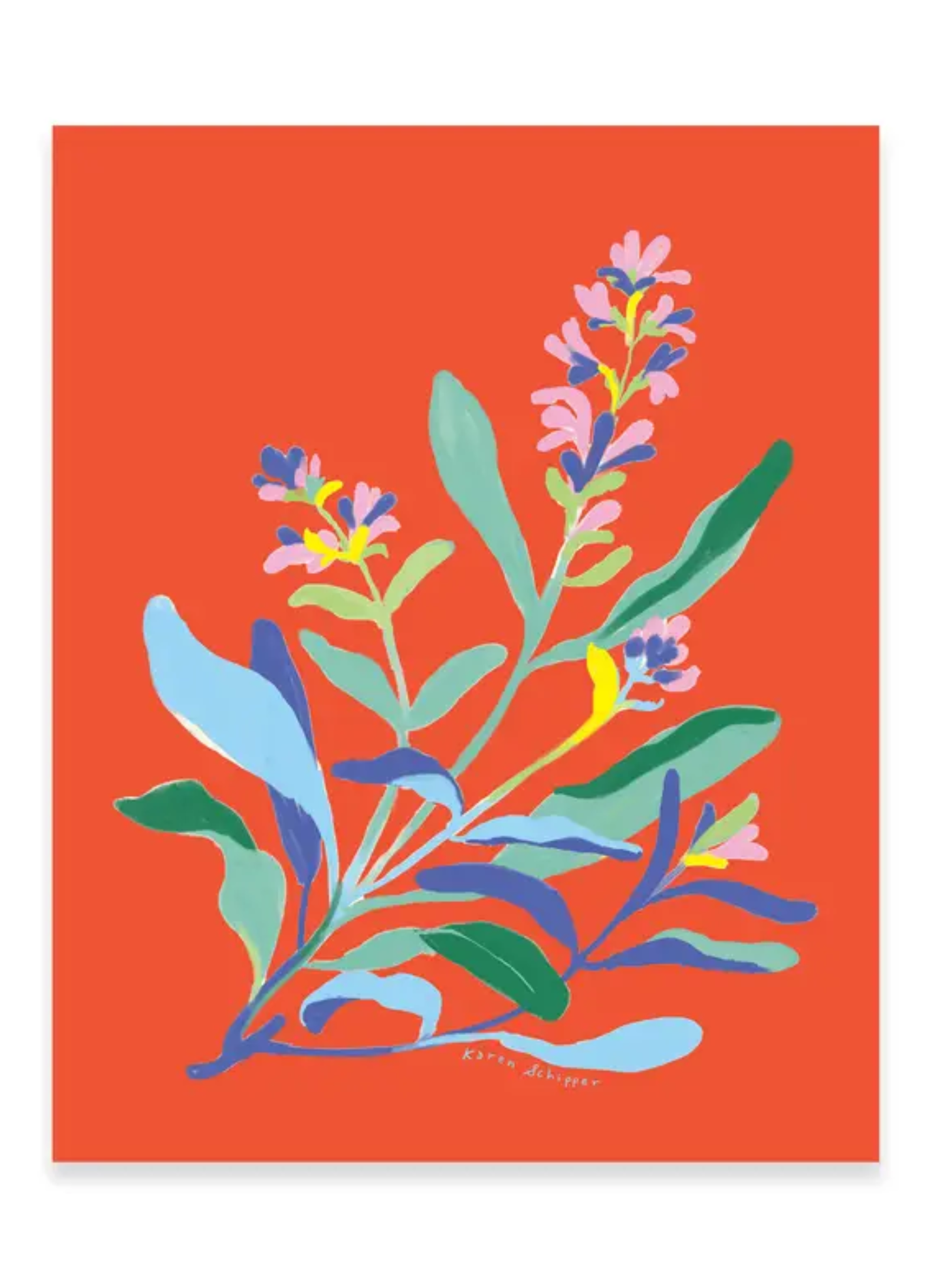 Sage Symphony Art Print by Karen Schipper featuring layered blue, green, and yellow foliage with pink and purple blooms on red.