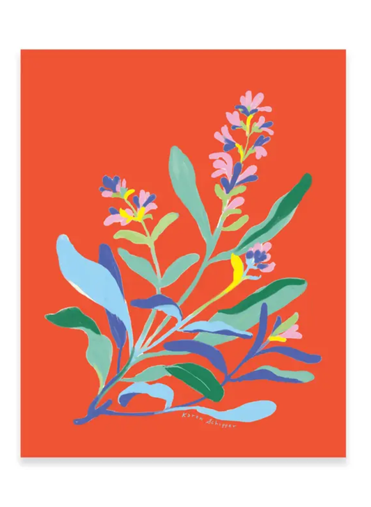 Sage Symphony Art Print by Karen Schipper featuring layered blue, green, and yellow foliage with pink and purple blooms on red.