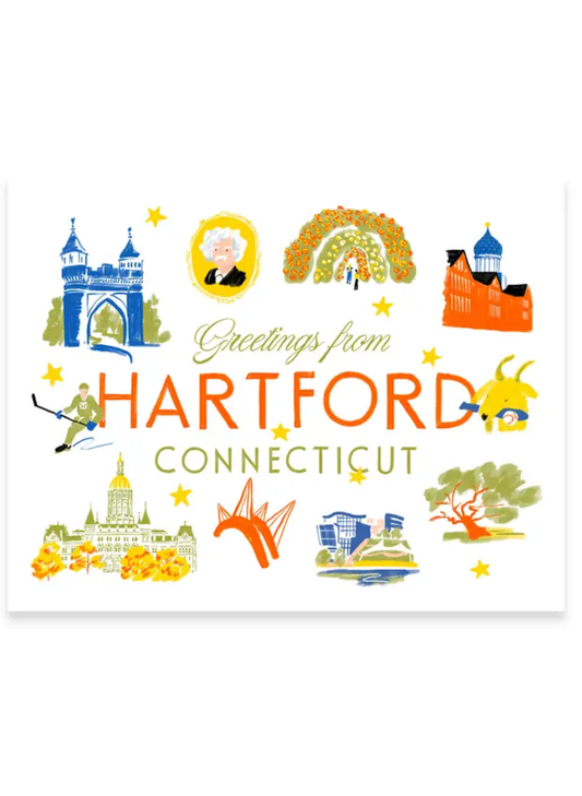 Greetings from Hartford Art Print by Karen Schipper featuring colorful Connecticut landmarks, orange Hartford lettering, yellow stars, and playful city illustrations.
