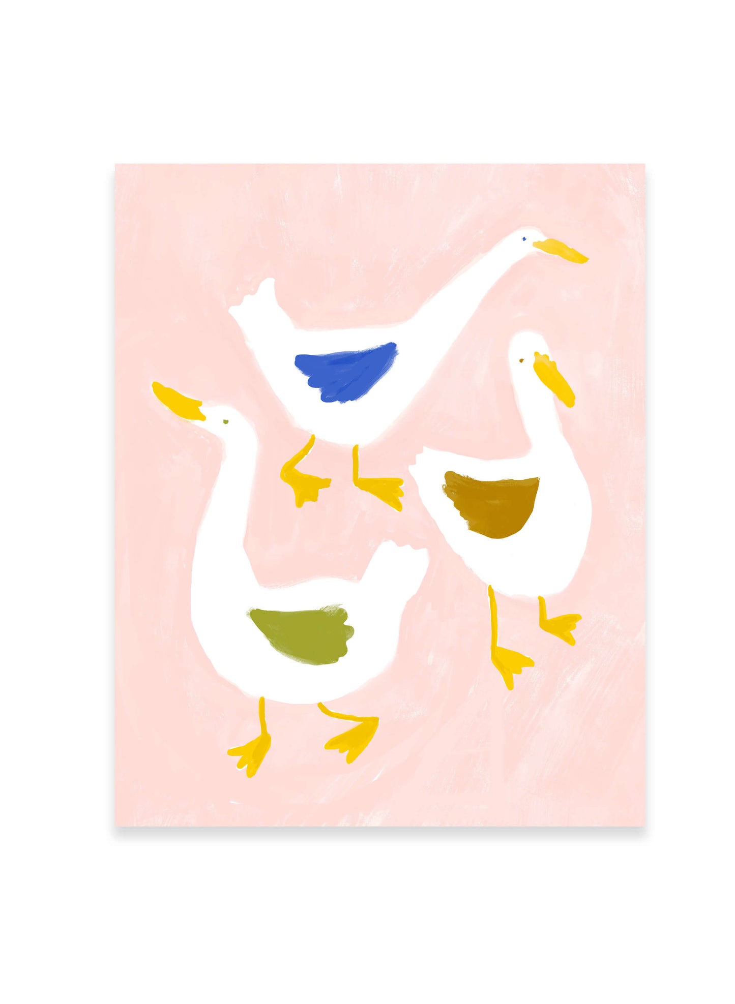 Aylesbury Duck Art Print by Karen Schipper featuring three white ducks with yellow beaks, colorful wing accents, and a soft pink background.