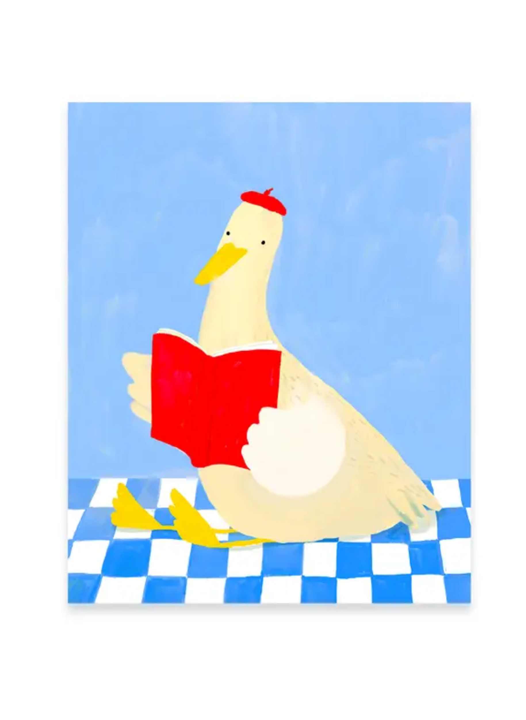 Storytime Duck Art Print by Karen Schipper showing a cream duck in a red beret holding a red book on a blue background with a checkerboard floor.