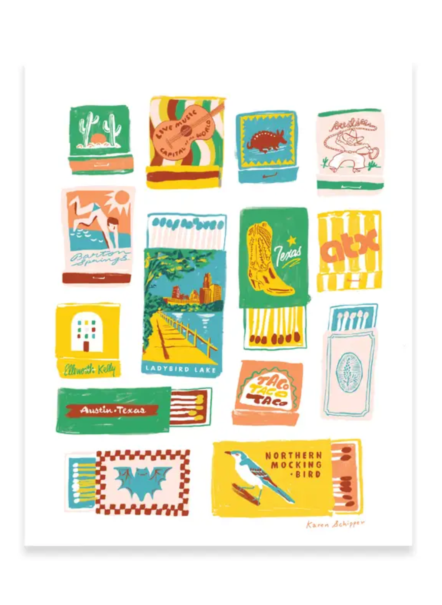 Austin Matchbooks Art Print by Karen Schipper featuring a colorful grid of vintage-style matchbooks inspired by Austin landmarks, local icons, and Texas charm.