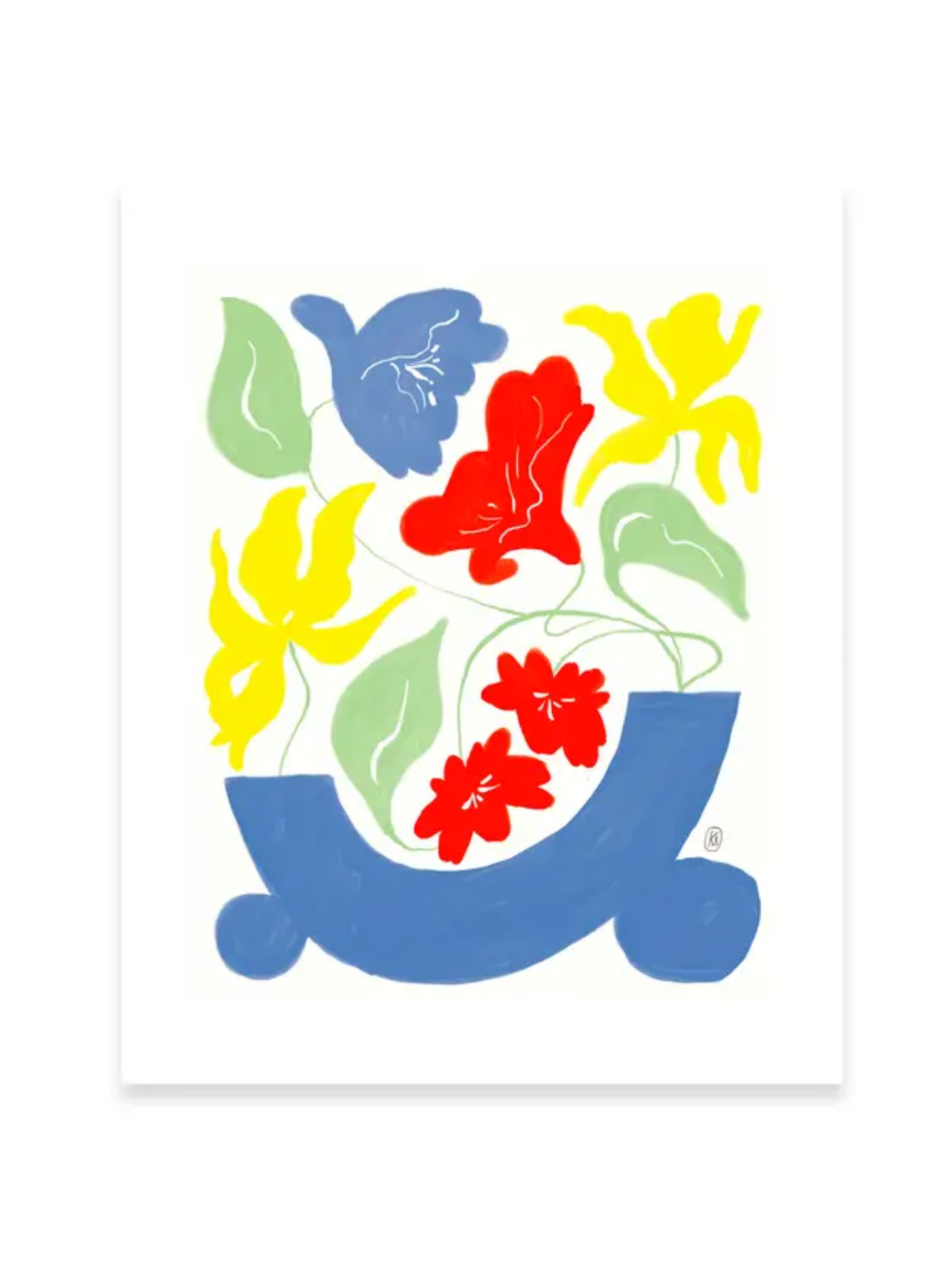 Hyacinth Vase Art Print by Karen Schipper featuring a bold blue vase filled with yellow, red, blue, and soft green floral artwork.