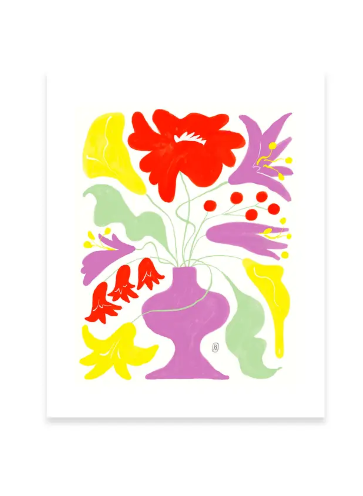 Framed Lilac Vase Art Print by Karen Schipper styled on a shelf with a white pitcher and candle, showing colorful floral wall art.