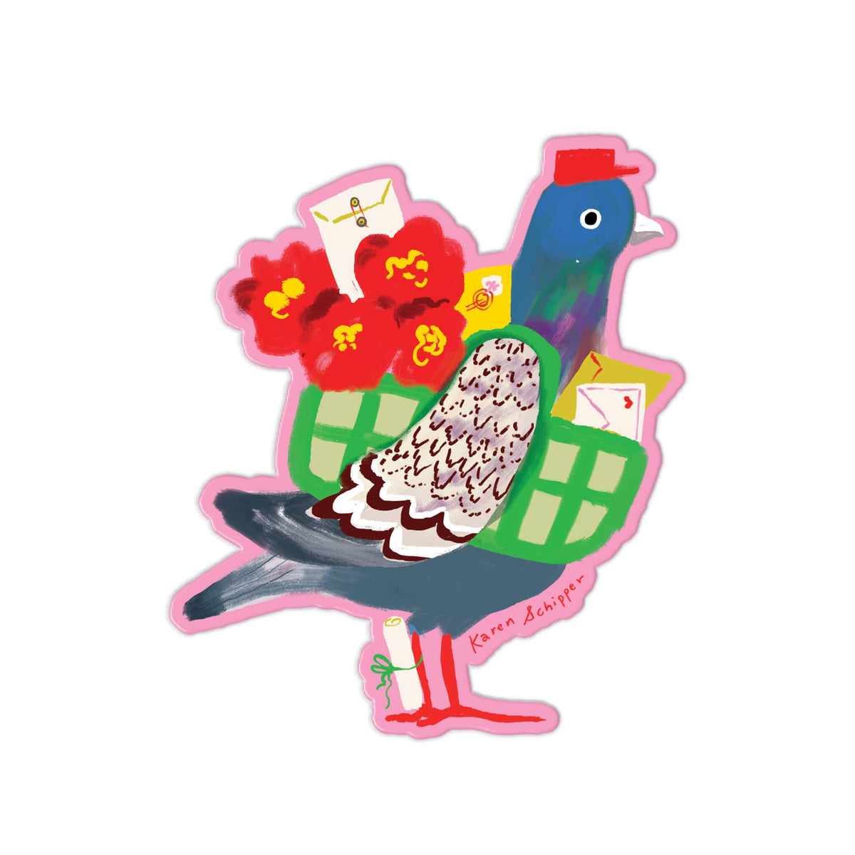 Pigeon Post Sticker by Karen Schipper featuring a blue city pigeon in a red mail cap carrying red flowers and envelopes in green satchels, with a pink die-cut border.