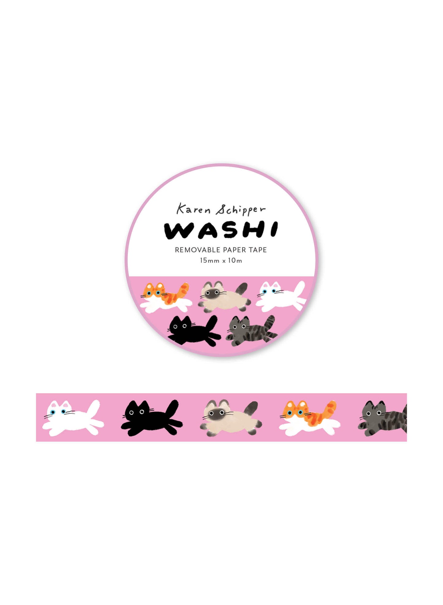Karen Schipper Cats Washi Tape with illustrated cats on a pink background, cute decorative paper tape for planners and crafts