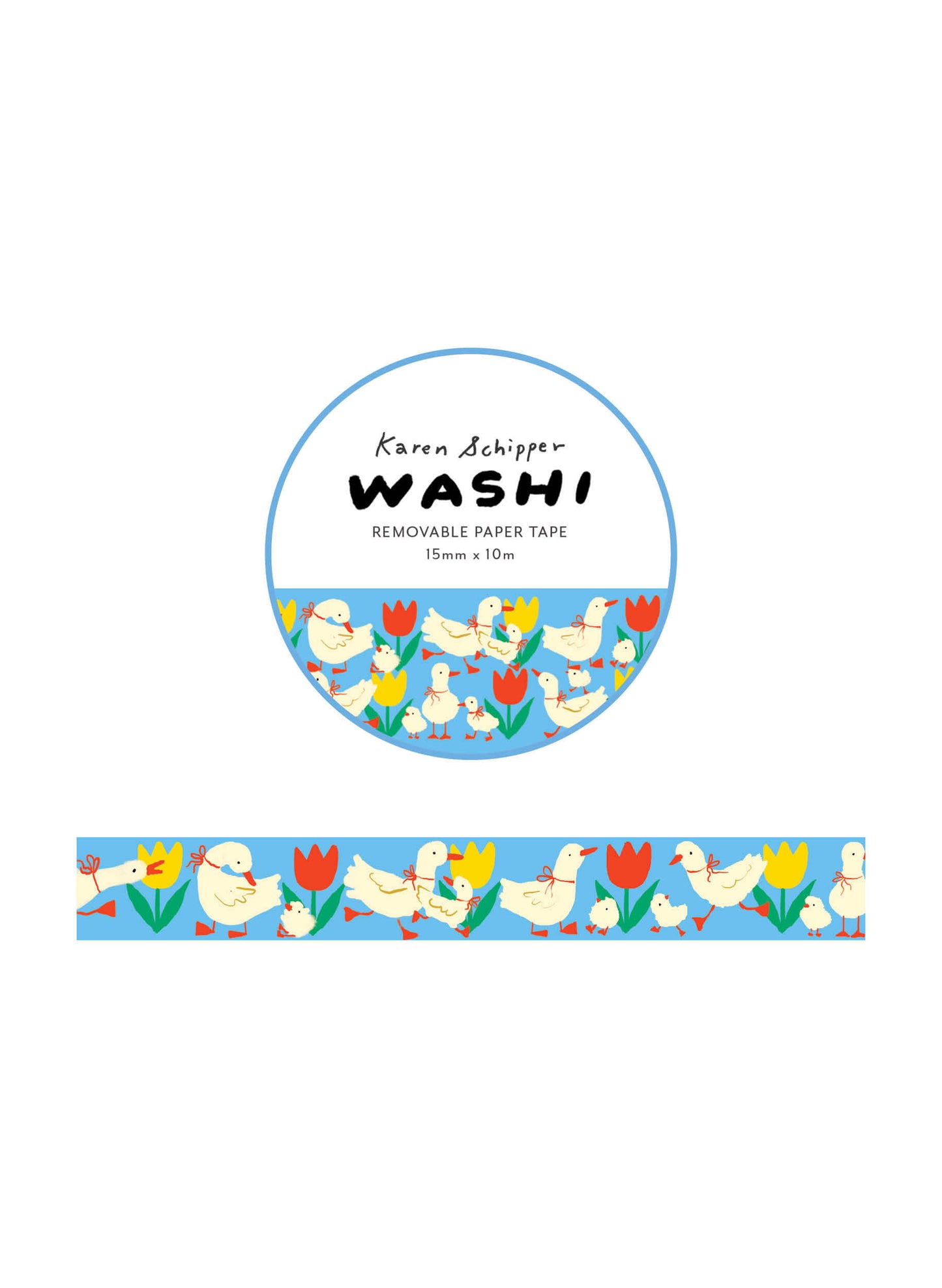 Karen Schipper Tulip & Ducks Washi Tape with white ducks, ducklings, red and yellow tulips, and a blue background for planners and crafts