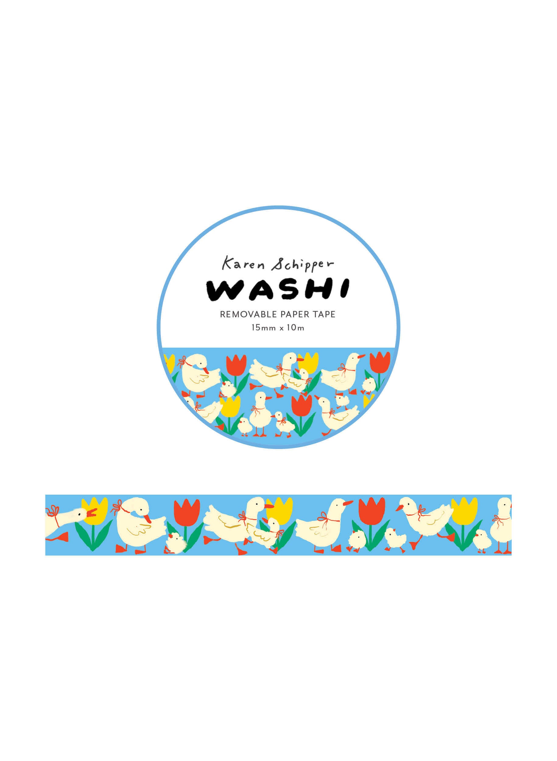 Karen Schipper Tulip & Ducks Washi Tape with white ducks, ducklings, red and yellow tulips, and a blue background for planners and crafts
