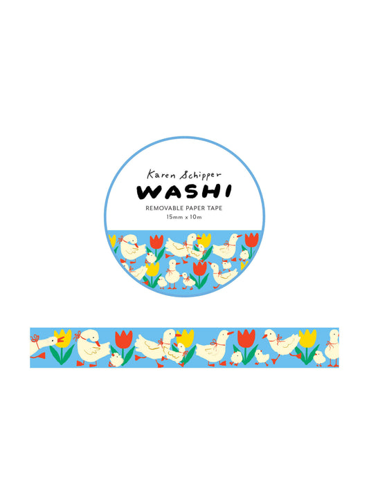 Karen Schipper Tulip & Ducks Washi Tape with white ducks, ducklings, red and yellow tulips, and a blue background for planners and crafts
