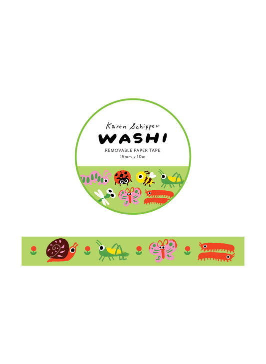 Karen Schipper Cute Bugs Washi Tape with snails, butterflies, ladybugs, bees, and colorful bugs on a green background for planners and crafts