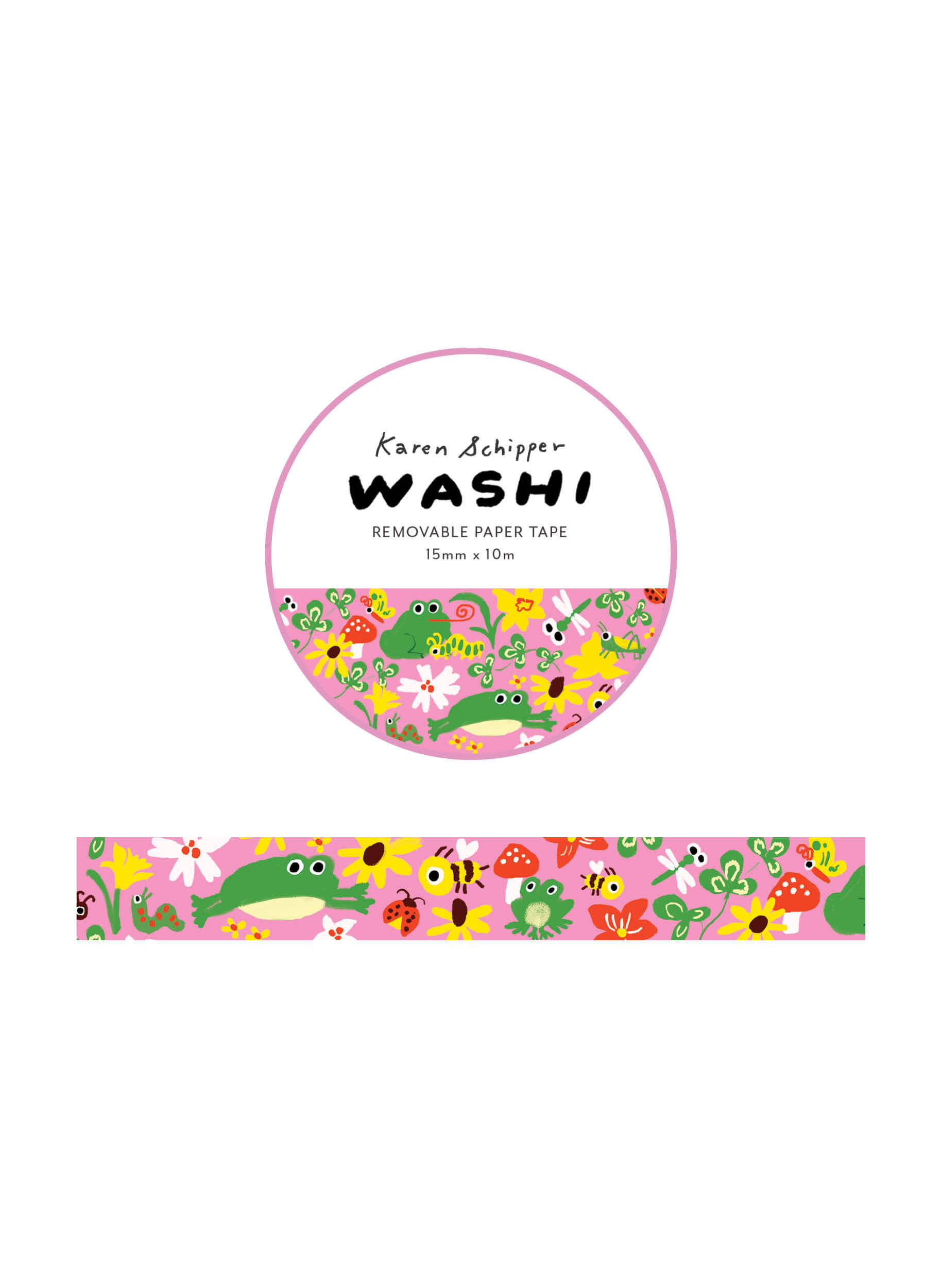 Karen Schipper Garden Toad Washi Tape with green toads, flowers, bees, dragonflies, mushrooms, and ladybugs on a pink background for planners and crafts