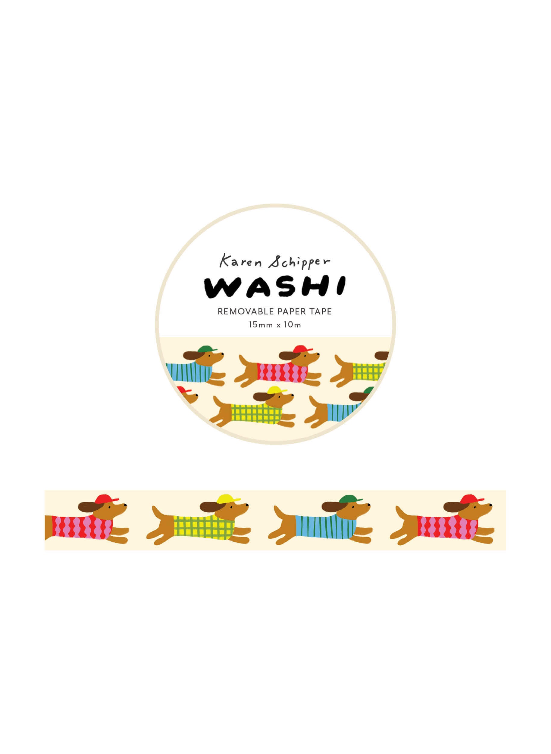 Karen Schipper Dachshund Dog Washi Tape with illustrated dachshunds in colorful sweaters and hats on a cream background for planners and crafts