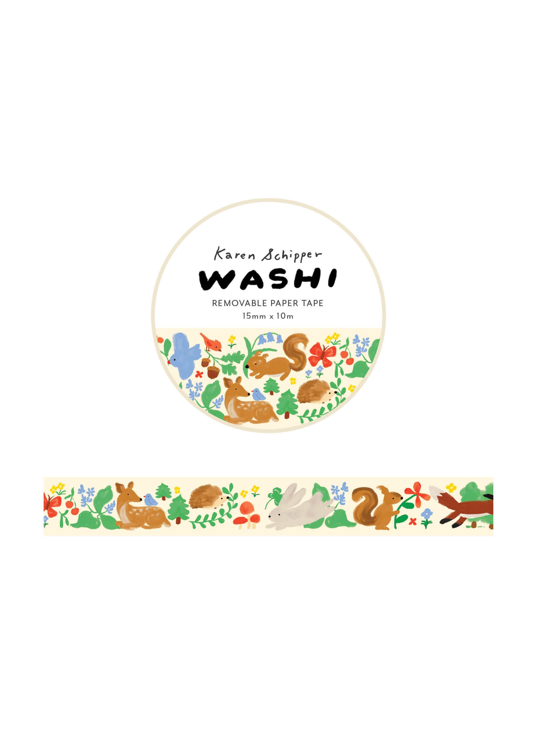 Karen Schipper Woodland Washi Tape with deer, hedgehog, rabbit, squirrel, fox, bird, flowers, mushrooms, and leafy details on a cream background for planners and crafts
